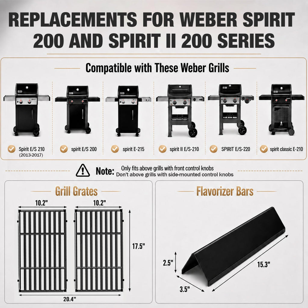 Grill Parts for Weber Genesis 300 Grills with Front Control Knob, Grill Grates for Genesis E310 S310 E/S320 E/S330, 17.5" Flavorizer Bars&Heat Deflectors, 19.5" Grill Grates for Weber 7524 7621 65505