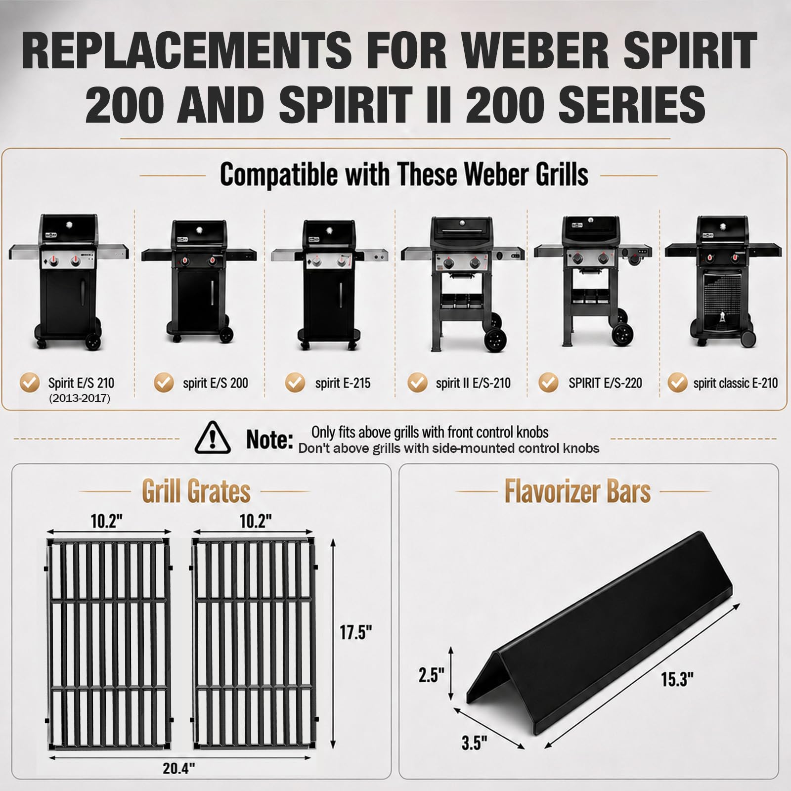 Grill Parts for Weber Genesis 300 Grills with Front Control Knob, Grill Grates for Genesis E310 S310 E/S320 E/S330, 17.5" Flavorizer Bars&Heat Deflectors, 19.5" Grill Grates for Weber 7524 7621 65505