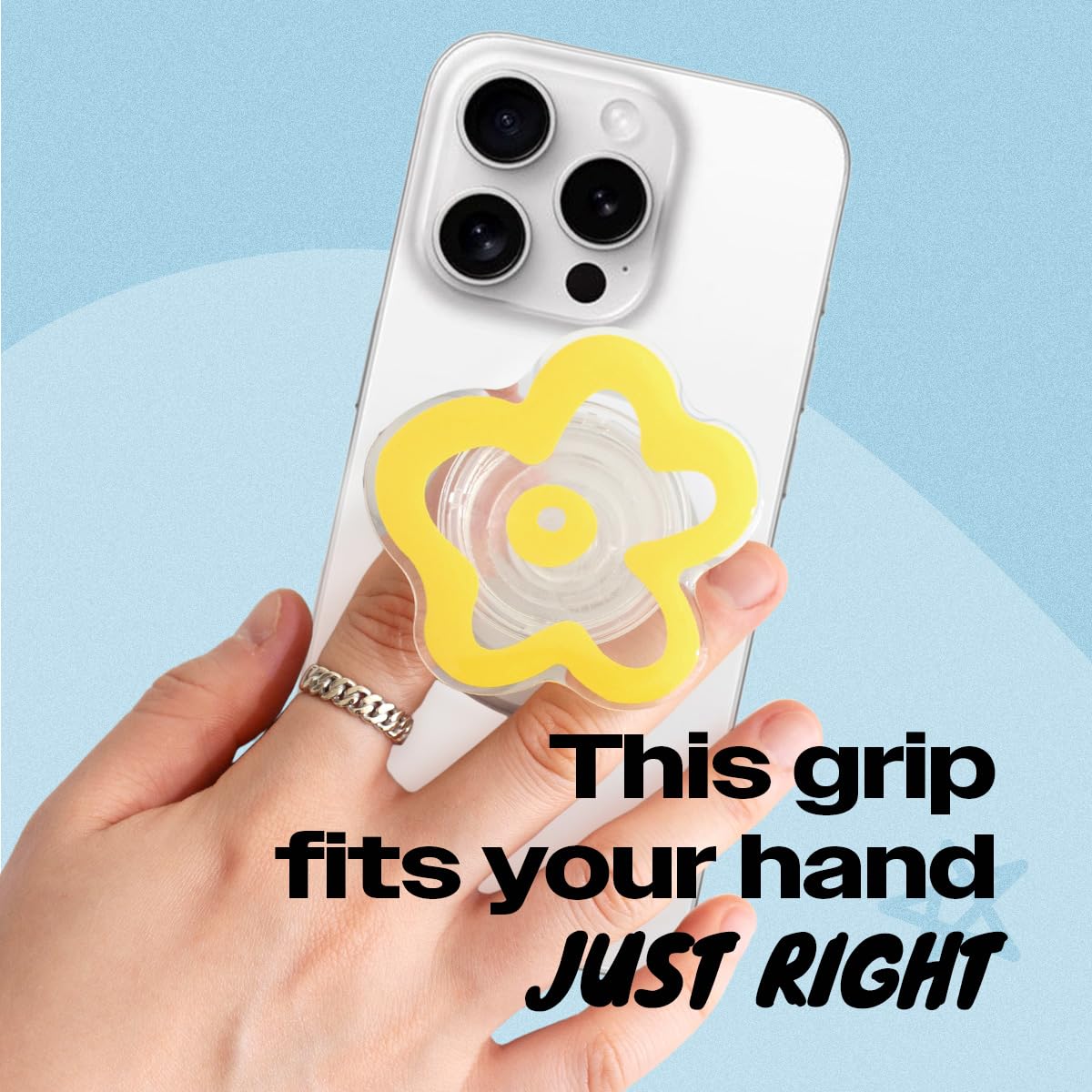 OnTheGrip Cute Transparent Daisy Flower Shape Design Mobile Phone Grip Multi Functional Collapsible Stand Holder for Smartphone Tablet Cell Phone Accessory (Black)