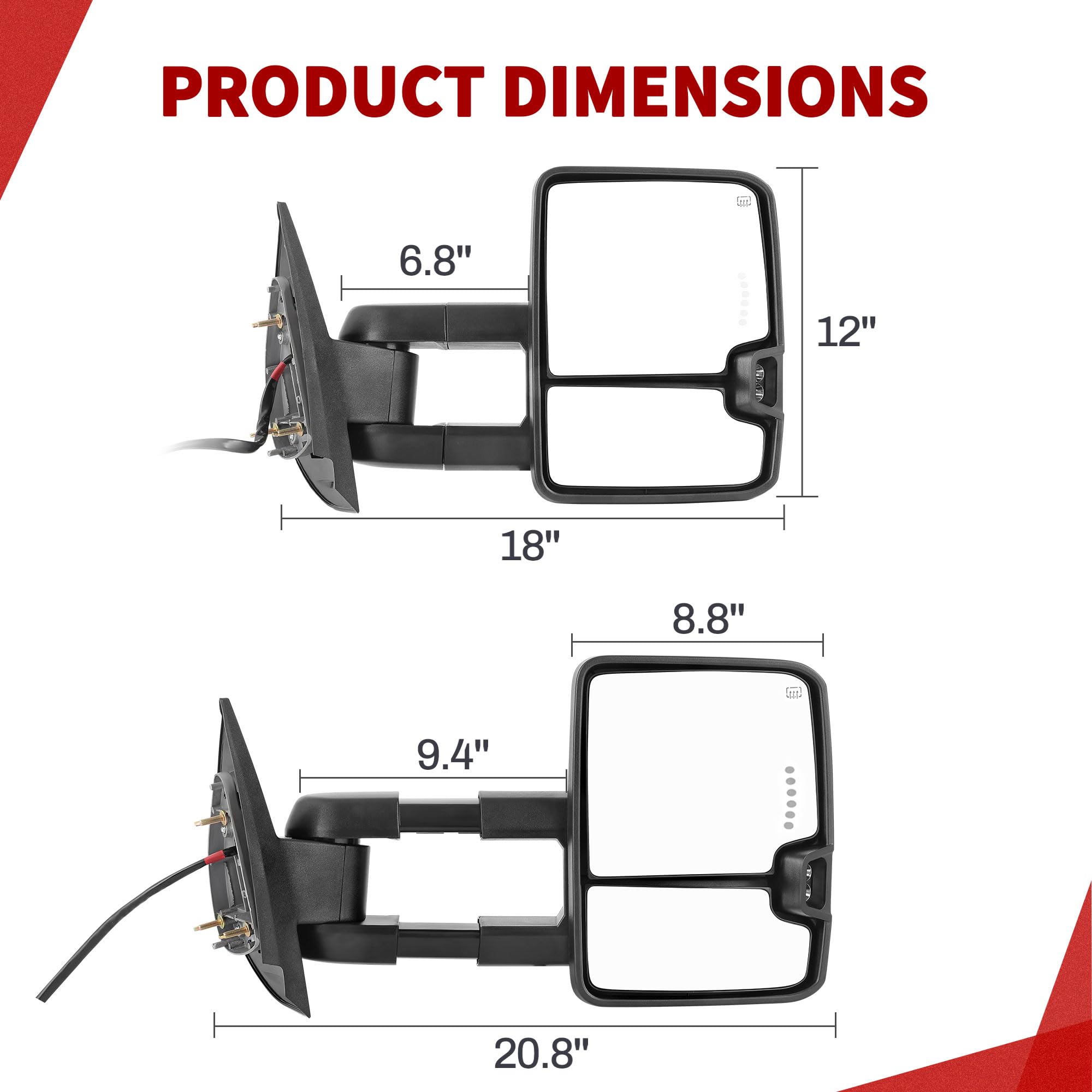 YITAMOTOR Towing Mirrors Compatible with 07-13 Silverado 1500 2500 3500 Tahoe Suburban Avalanche GMC Sierra Yukon Cadillac LED Turn Signal Light Power Heated Manual Telescoping Folding