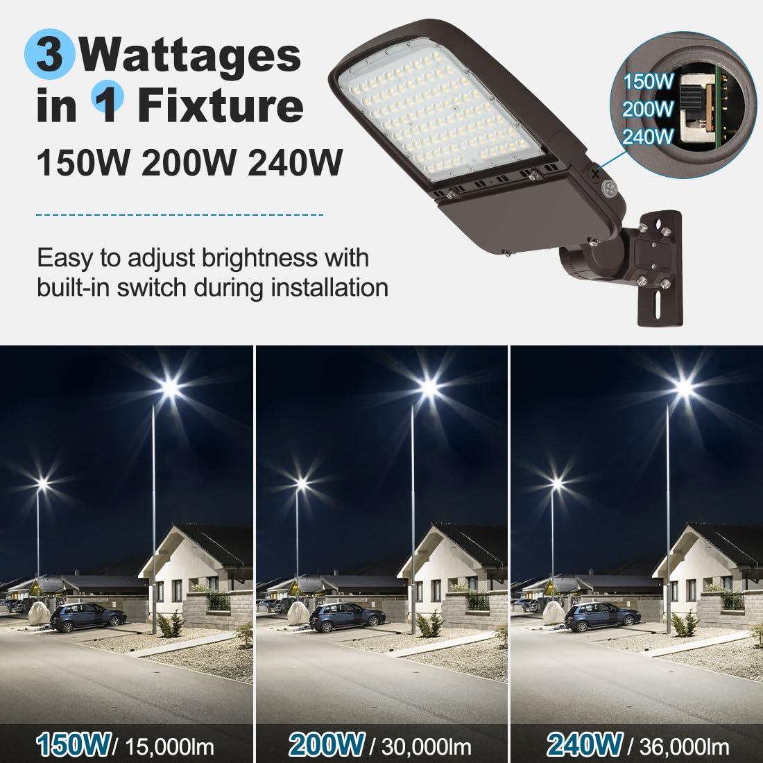 150W LED Parking Lot Light with Photocell, Outdoor Dimmable LED Pole Lights with Slip Fitter & Arm Mount in 1, 22500LM 5000K 100-277V IP65, 150W/100W/80W Power Tunable, ETL