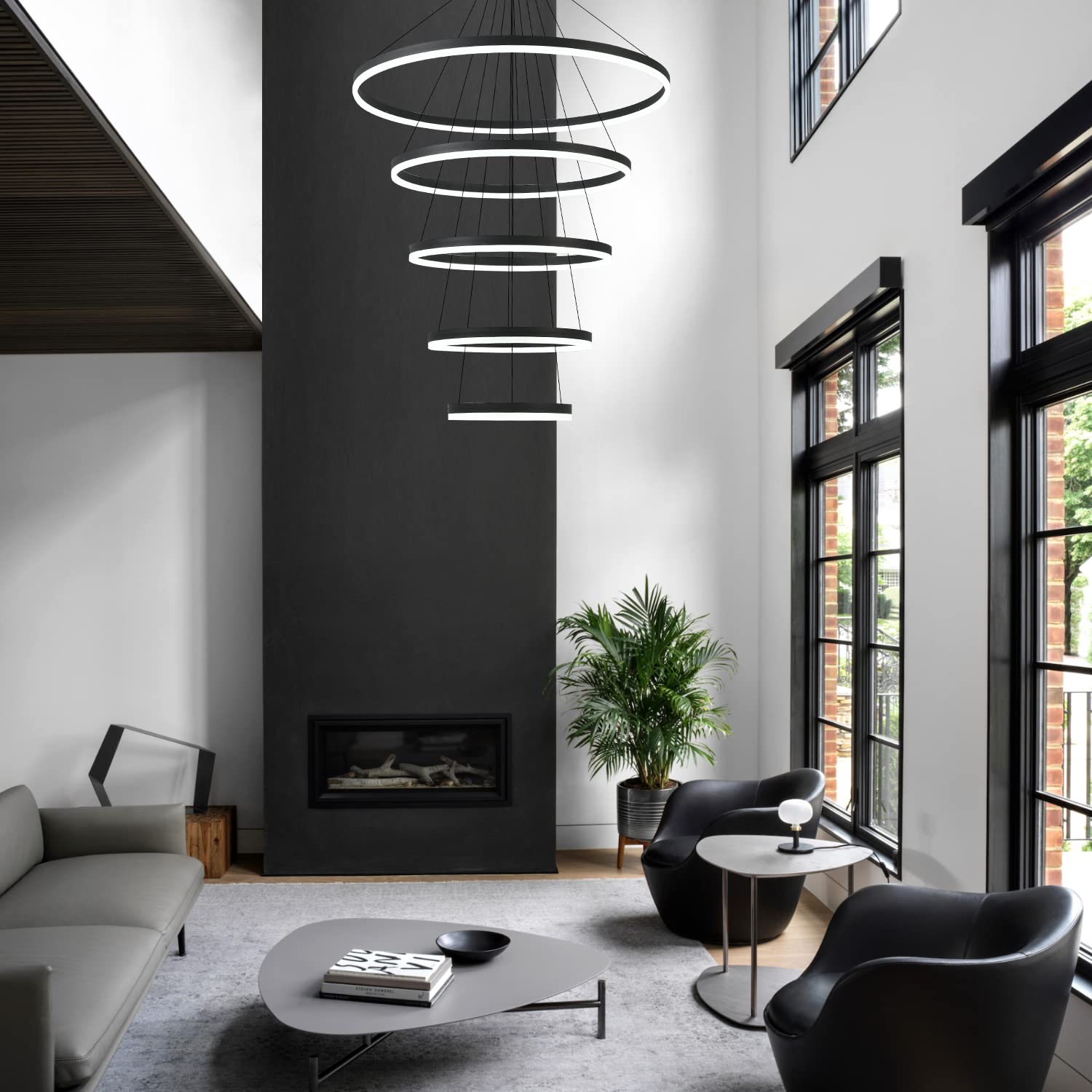 5-Rings Modern LED Chandelier Black Dimmable High Ceiling Chandelier for Dining Room with Remote Control for Foyer Living Room Entryway Staircase(D23.6’’, 3000K-6500K)
