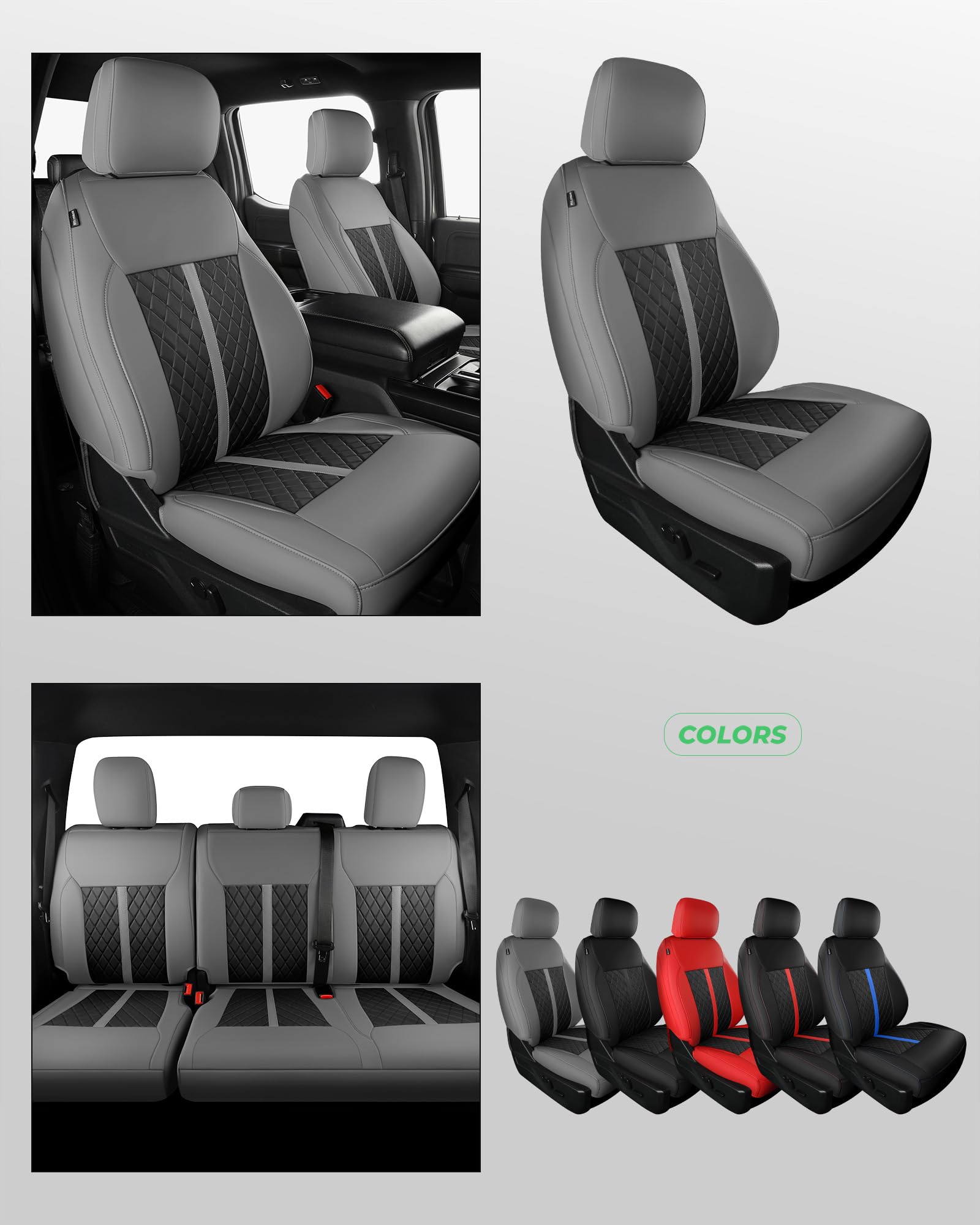 for Ford F150 Leather Seat Covers, Super Crew Cab XL XLT 2015-2020, F250 F350 F450 Super Duty Crew Cab 2017-2022,Custom Truck Seat Cover Full Set, Pickup Accessories, Black (Bucket Seat)