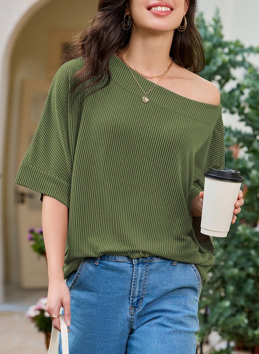 EVALESS Sexy Off The Shoulder Tops for Women 3/4 Length Sleeve Womens Tops Spring Summer 2026 Boat Neck One Shoulder Shirts