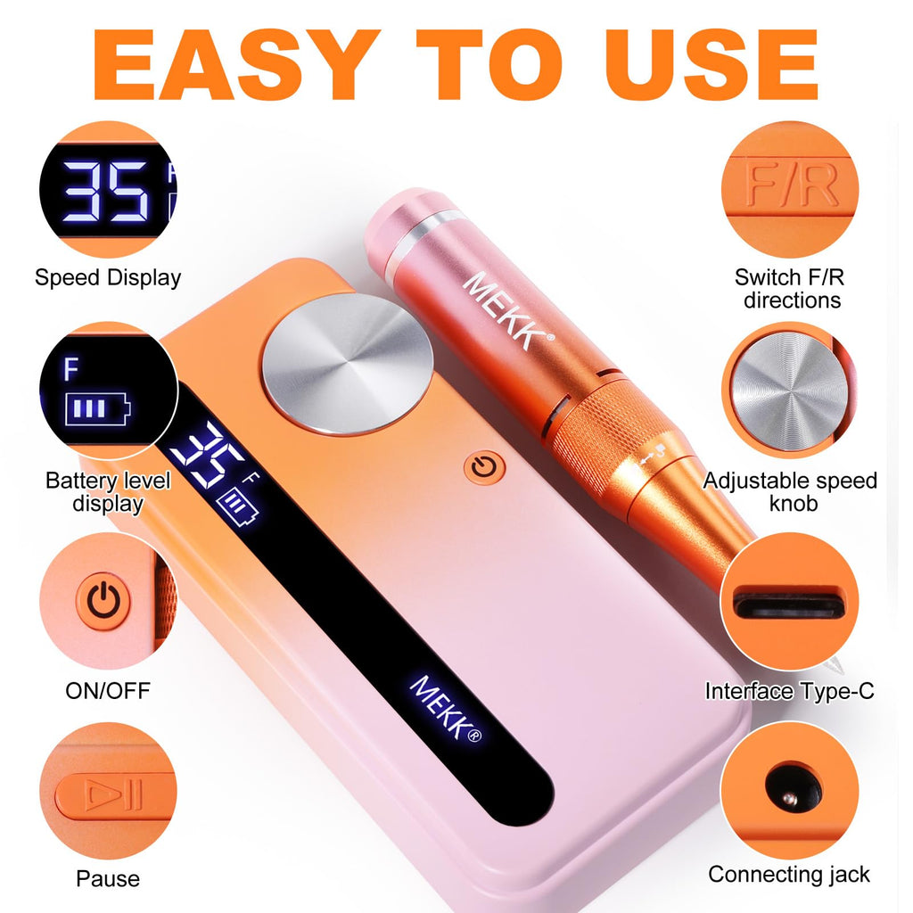 MEKK Nail Drill Kit,35000RPM Electric Nail Drill Professional Electric Nail File with 12PCS Bits,Anti-Shaking Cordless E Filer for Nails with LCD Display,Home & Salon (Orange Blue)