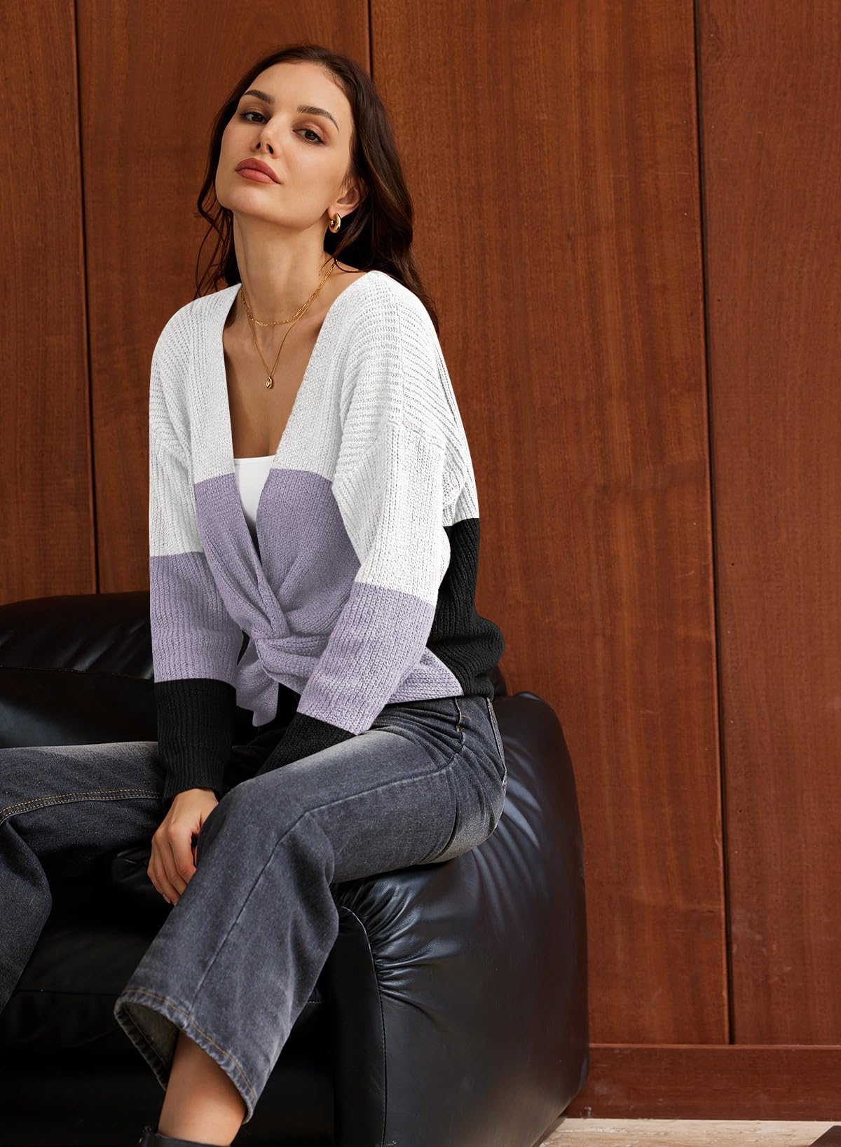 Pink Queen Women's 2026 Twist Knot Cropped Sweater V Neck Long Sleeve Knit Pullover Top Casual Fall Fashion Clothes
