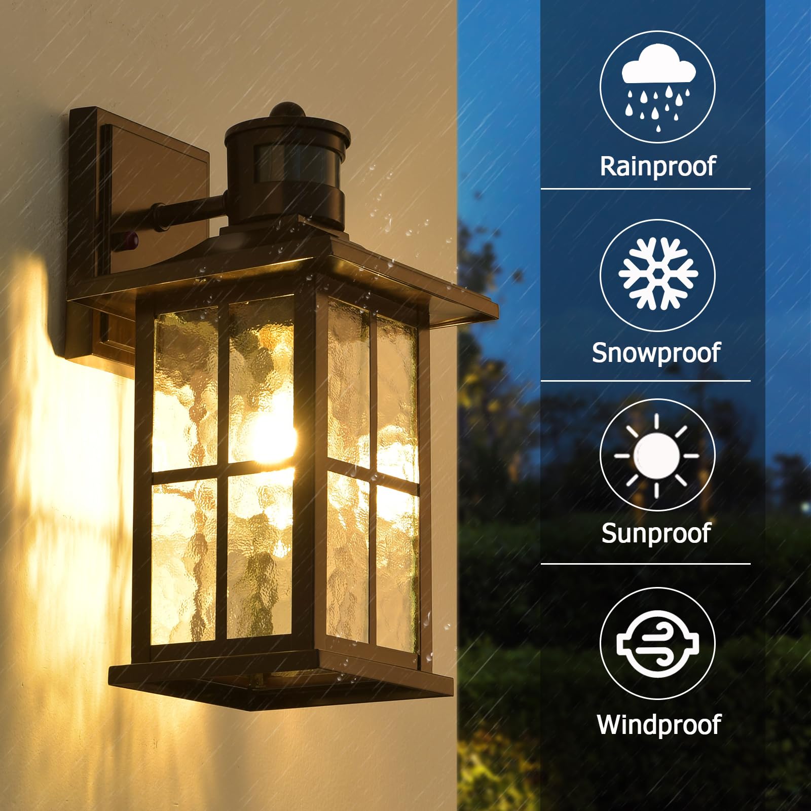 FLEDAVID Motion Sensor Outdoor Wall Light Fixtures Dusk to Dawn Exterior Porch Lantern White Outside Sconce Lighting Rustic Wall Mount Lamp with Water Ripple Glass for House Garage Patio Entryway