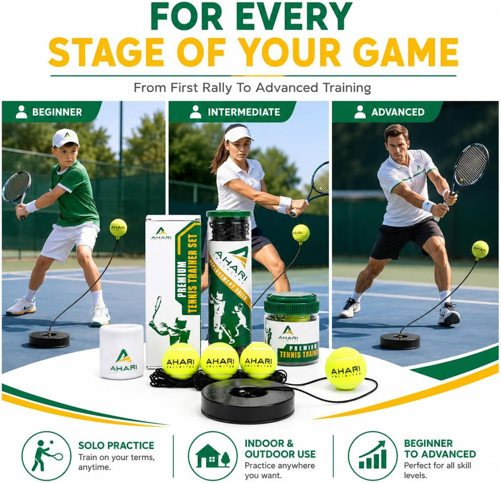 Premium Tennis Trainer Set, Pro Rebounder with Metal Base in a Carrying Cylinder, 3 Replacement Rebound Balls, & Wristband, Portable Tennis Practice Equipment for Solo Training