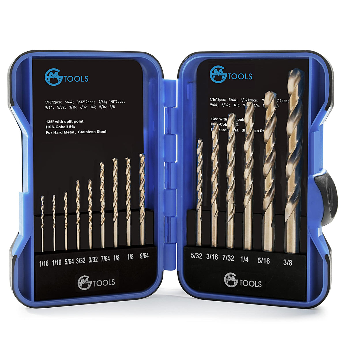 GMTOOLS 13Pcs Cobalt Drill Bits Set, M35 HSS 135 Degree Tip, Twist Jobber Length Drill Bit Kit for Hardened Metal, Cast Iron, Stainless Steel, Plastic and Wood with Storage Case 1/16"-1/4"