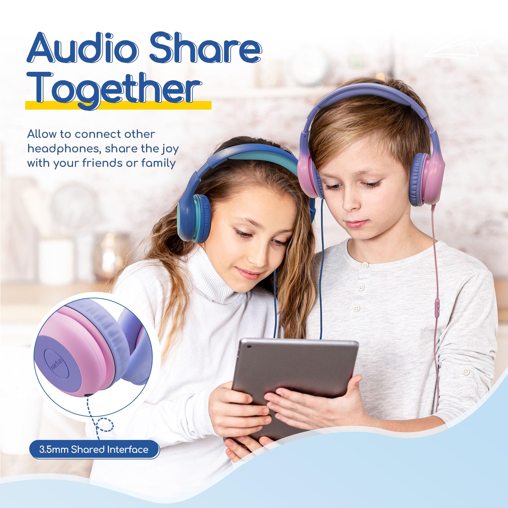 EarFun K1 Kids Headphones Wired with Microphone, 85/94dB Volume Limit Headphones for Kids, Portable Wired Headphone with Shareport, Stereo Sound Foldable Headset for School/Tablet/iPad, Black Red