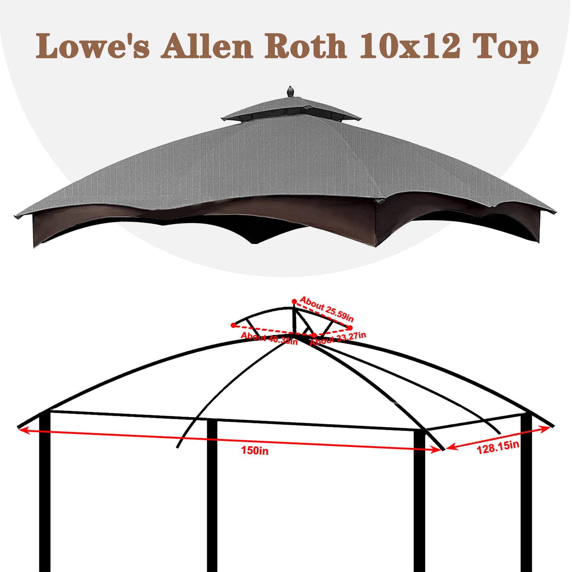 SCOCANOPY Replacement Top Compatible with The Lowe's Gazebo Model #GF-12S004B-1 / GF-12S004BTO (Grey Ripstop)