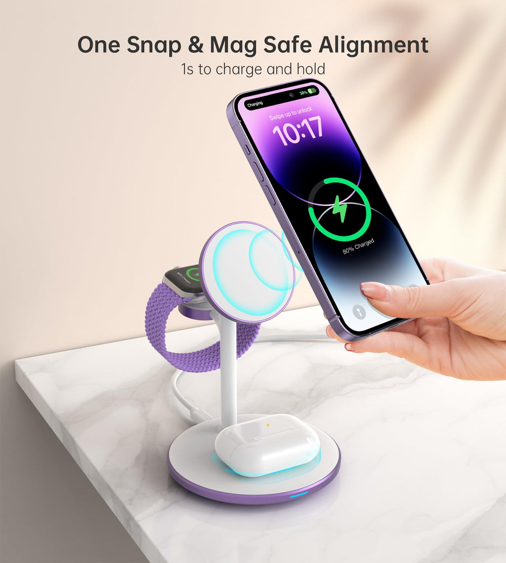 XooFly 3 in 1 Wireless Charging Station for Apple Devices, Fast Wireless Mag-Safe Charger Stand with 20W Adapter for iPhone 17/16 15 14 13 12 Pro Max/Pro/Plus/Air/Mini, iWatch, AirPods (Black)