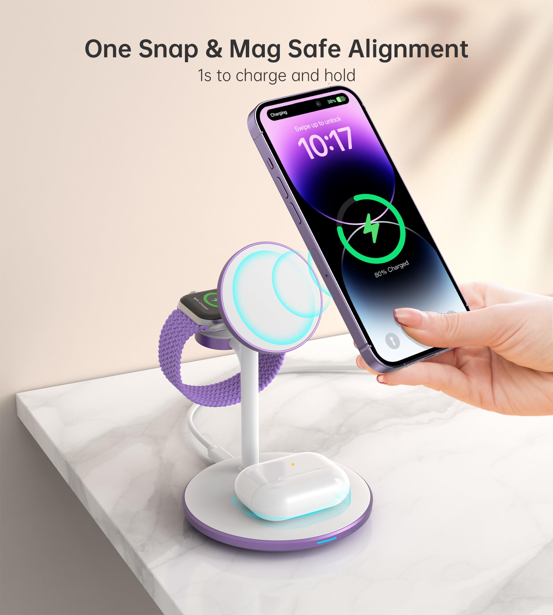 XooFly 3 in 1 Wireless Charging Station for Apple Devices, Fast Wireless Mag-Safe Charger Stand with 20W Adapter for iPhone 17/16 15 14 13 12 Pro Max/Pro/Plus/Air/Mini, iWatch, AirPods (Black)