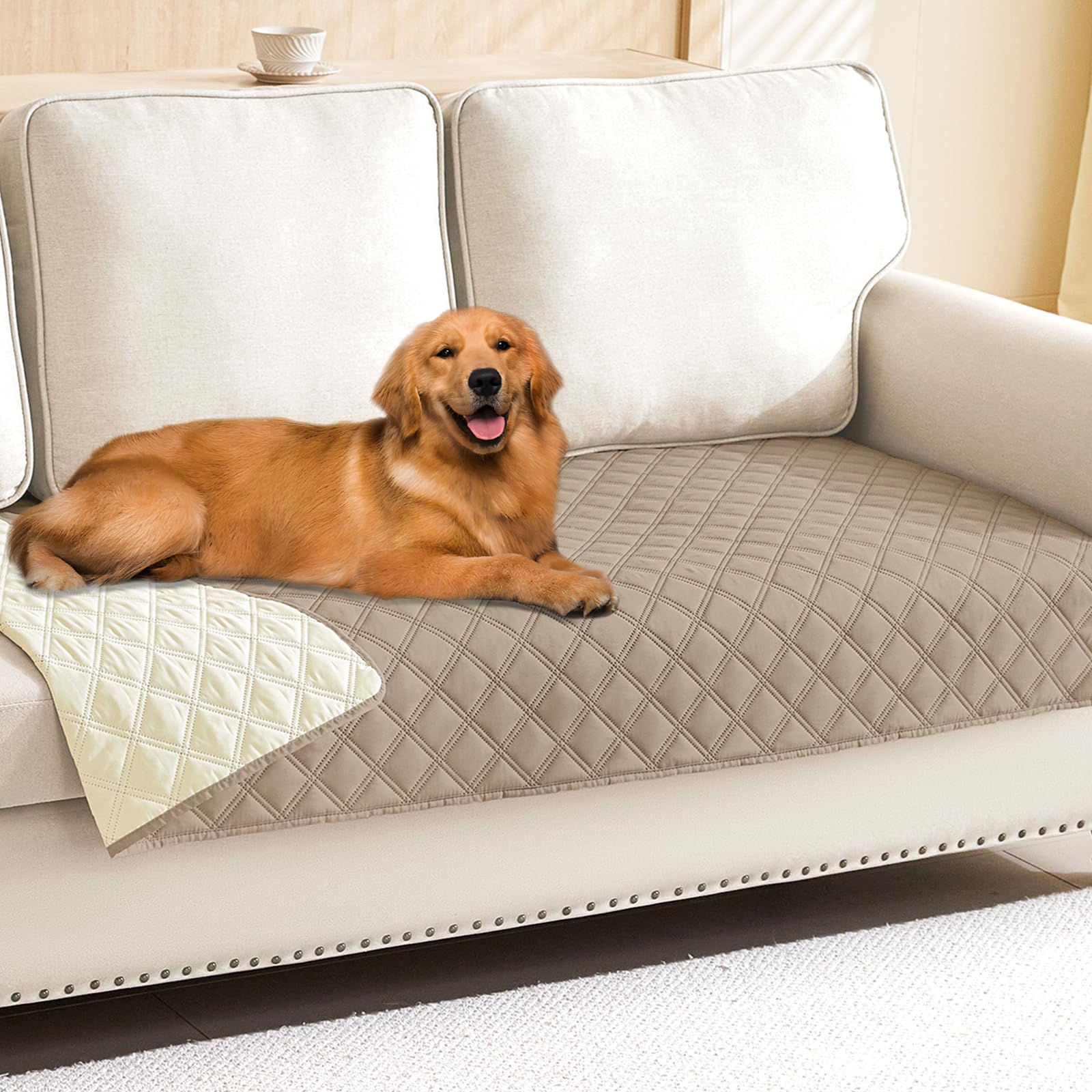 Smiry Waterproof Dog Bed Cover Pet Blanket, Soft Washable Dog Blanket for Furniture Bed Couch Sofa Reversible, Checkered (30"x53", Beige/Beige)
