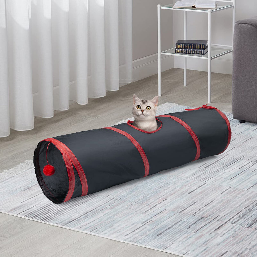 Sheldamy Cat Tunnel, 2-Way Collapsible Play Tunnel, Interactive Toy Maze for Small Animals, Suitable for Kittens, Puppies, Rabbits, Ferrets, Blue & Black