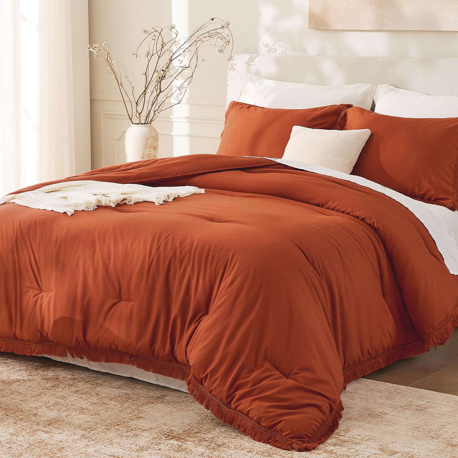 Andency Comforter Full Size Set Burnt Orange, 3 Pieces Boho Terracotta Winter Lightweight Bedding Comforter Sets, All Season Rust Tassel Bed Set (79x90In Comforter & 2 Pillowcases)