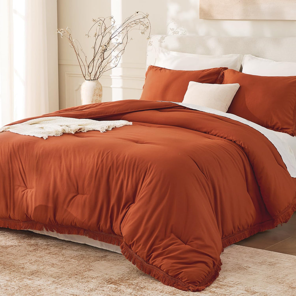 Andency Comforter Full Size Set Burnt Orange, 3 Pieces Boho Terracotta Winter Lightweight Bedding Comforter Sets, All Season Rust Tassel Bed Set (79x90In Comforter & 2 Pillowcases)