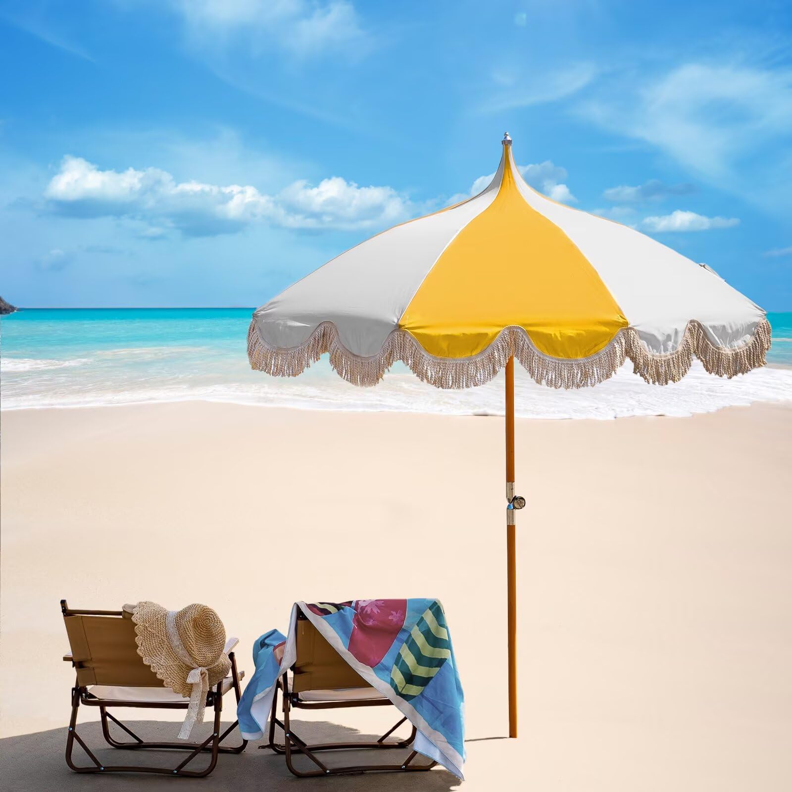 6.5ft Pagoda Beach Umbrella with Fringe, UPF 50+ Boho Umbrellas with Carry Bag, Premium Wood Pole Foldable Tassel Umbrella for Outdoor Garden Lawn Pool Yard Table