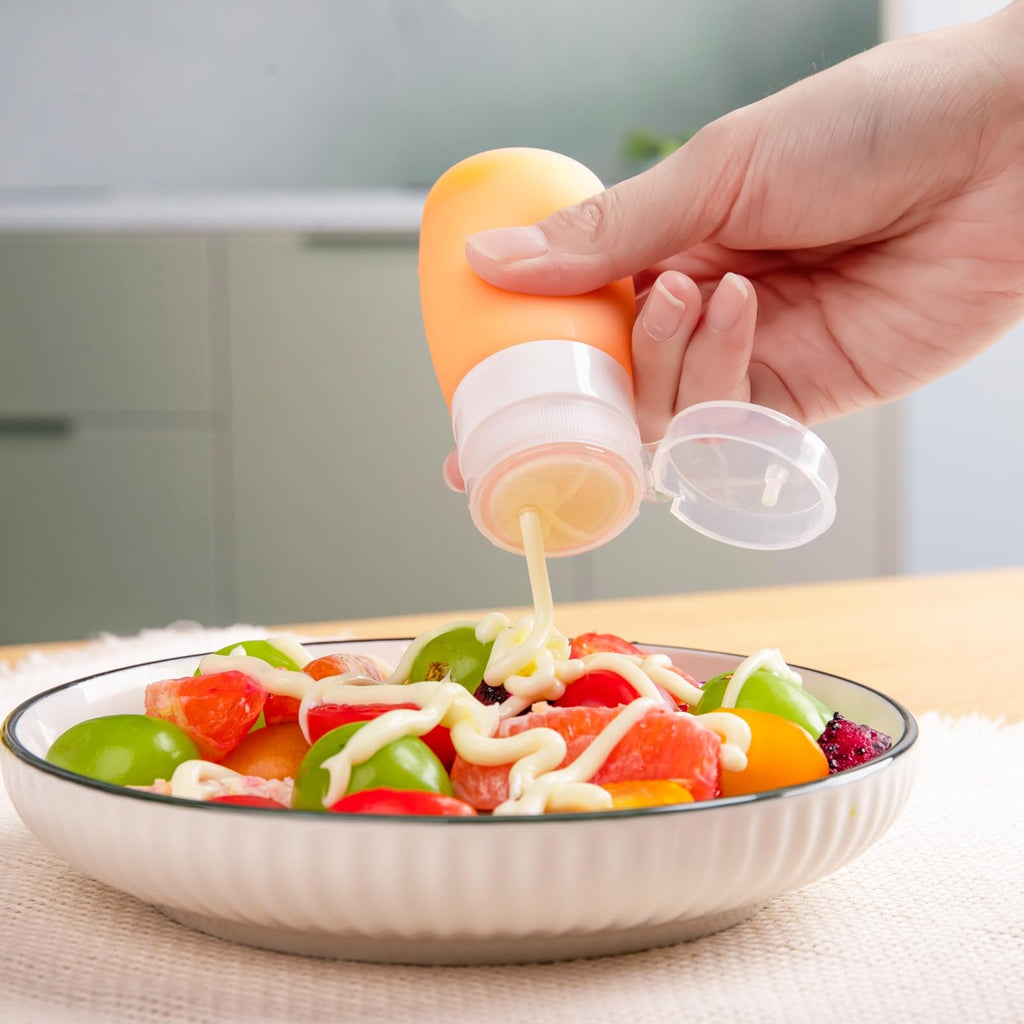 MICEBAY Condiment Squeeze Bottles for Sauces, 1-oz Mini Silicone Salad Dressing Container to Go with Snack Storage Bag, Leakproof Sauce Bottles for Lunch Box, 4 Pack, Blue