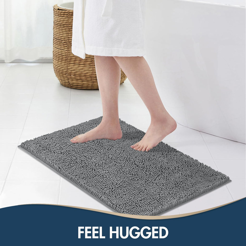 TREETONE Chenille Bath Mat 3 Pieces Bathroom Rugs Set, 20x20 Inches U-Shape Contoured Toilet Mat & 20x32 Inches Rug & Lid Cover,Water Absorbent Plush Rugs for Tub Shower & Bath Room -Beige