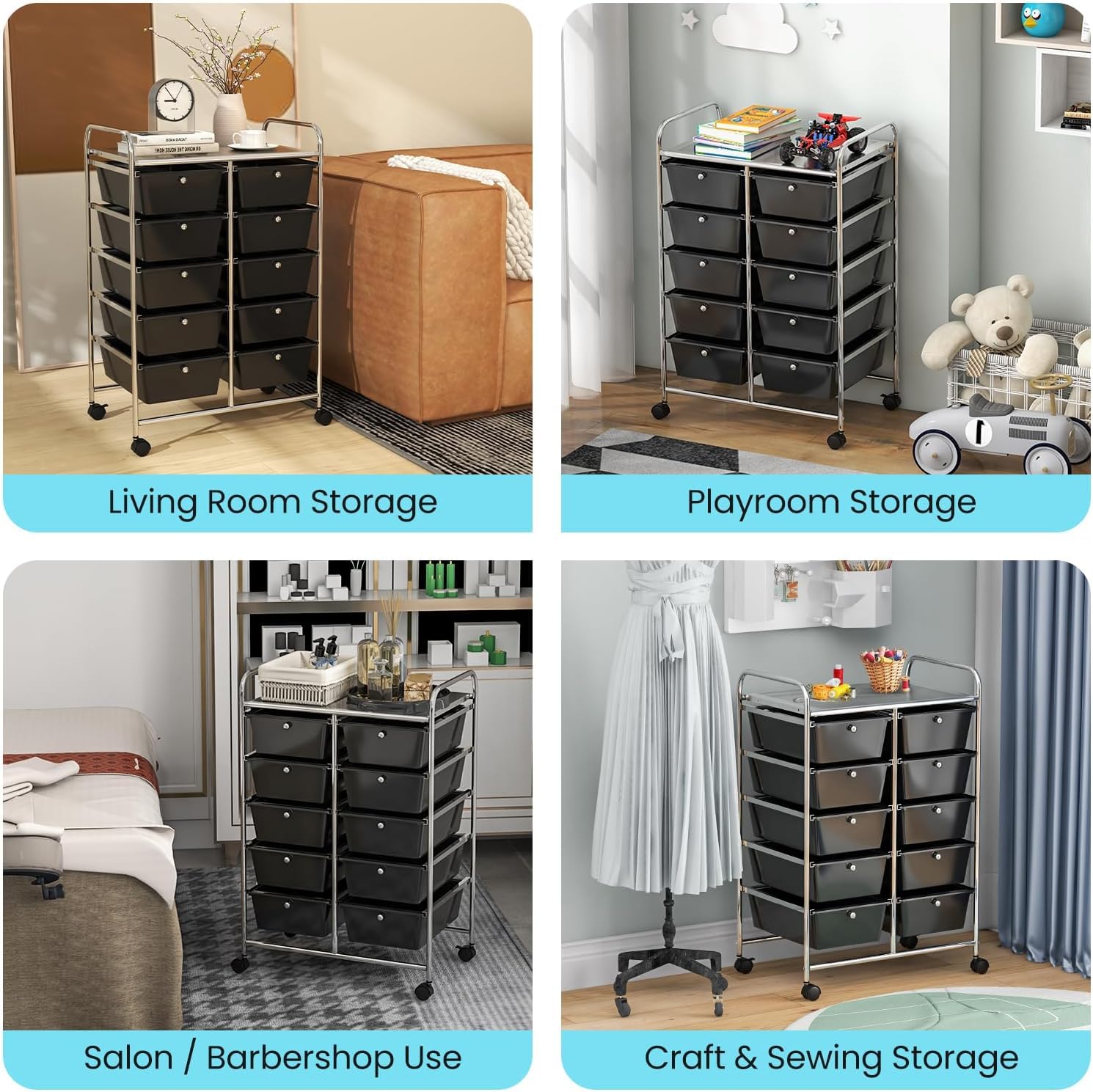 LDAILY 9 Drawer Rolling Storage Cart, Rolling Cart with Drawers for Classroom, Art Supply Craft Organizer on Wheel with Metal Frame & Handles for Home Office School