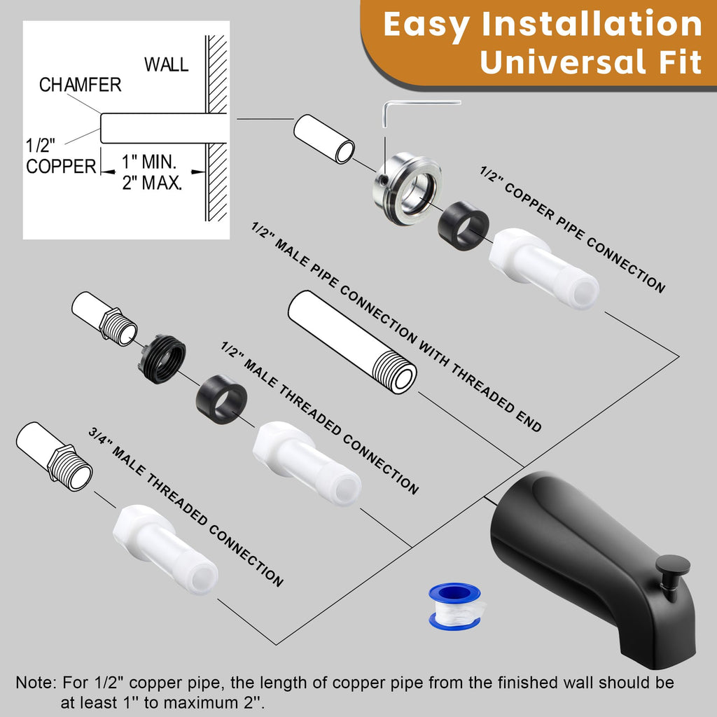 Dreyoo Tub Spout (Universal Fits 1/2" Copper Pipe, 1/2" IPS and 3/4" IPS), Bathroom Bathtub Faucet with Adapters and Hex Wrench(Brushed Nickel,Simple)