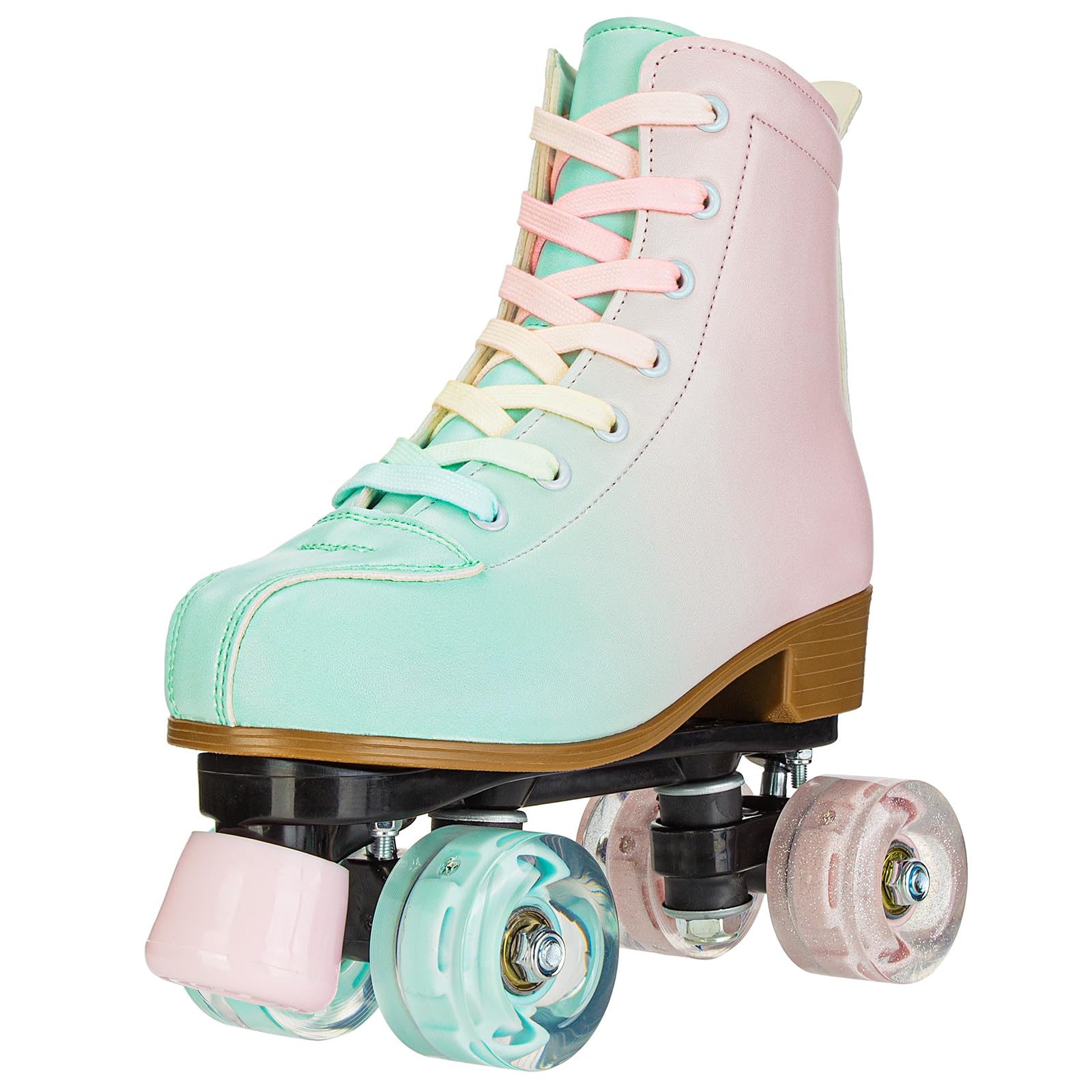 YYW Roller Skates for Girls and Women, Fantastic Gradient Pink and Green PU Leather Light Up Kids Youth Roller Skates, Indoor Outdoor