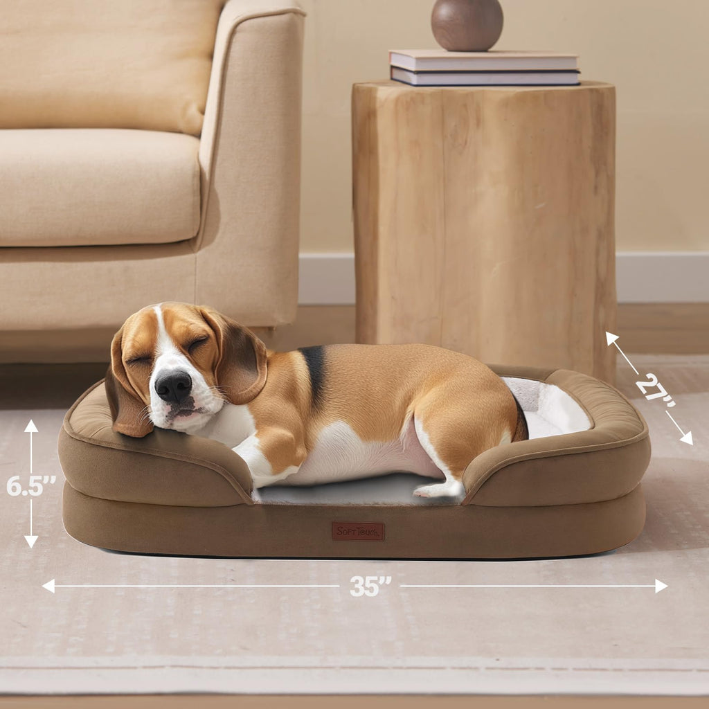 Soft Touch Orthopedic Dog Bed for Large Dogs with Faux Fur Top, Waterproof Pet Couch Bed with Removable Washable Cover and Supportive Foam Filling (Grey, Large)