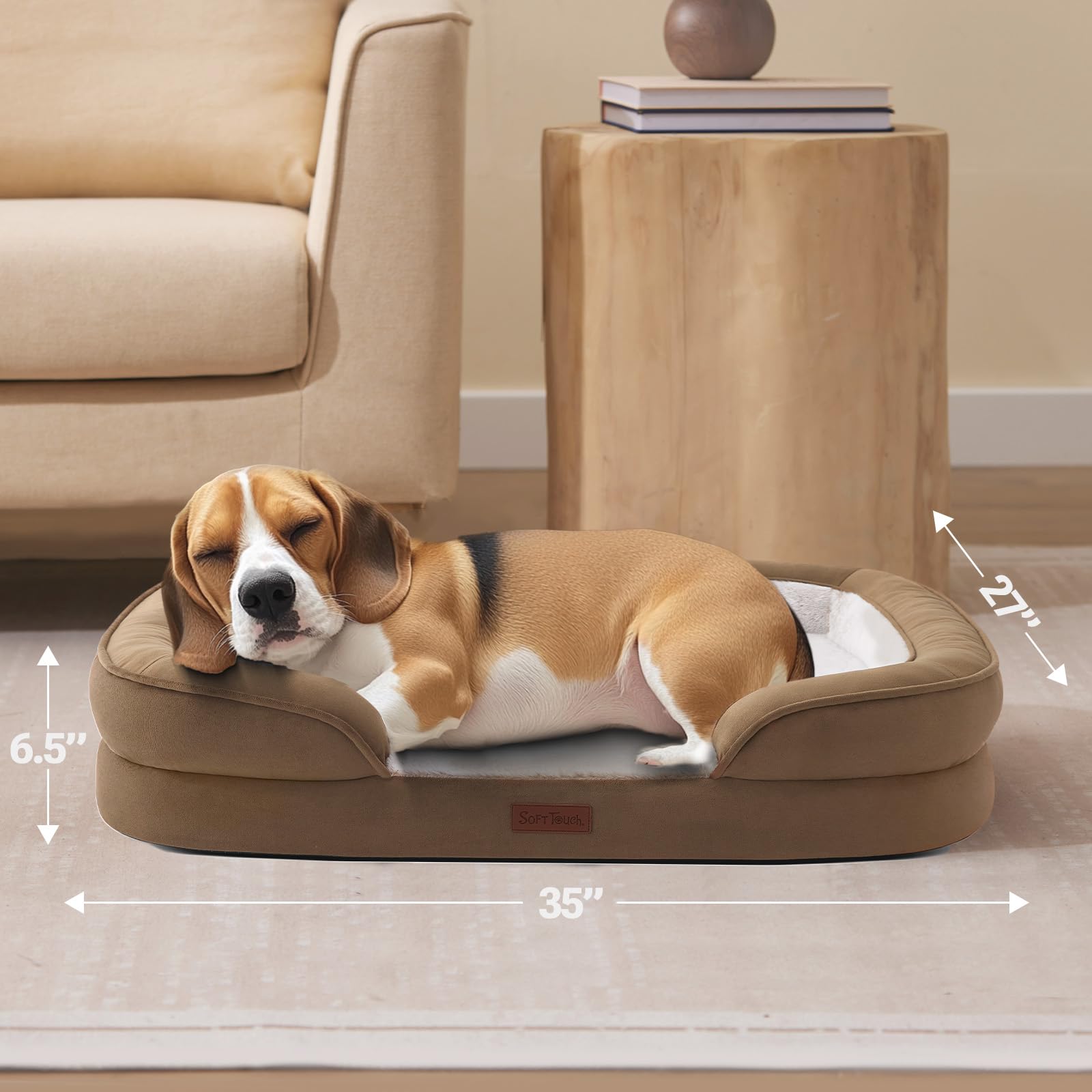 Soft Touch Orthopedic Dog Bed for Large Dogs with Faux Fur Top, Waterproof Pet Couch Bed with Removable Washable Cover and Supportive Foam Filling (Grey, Large)