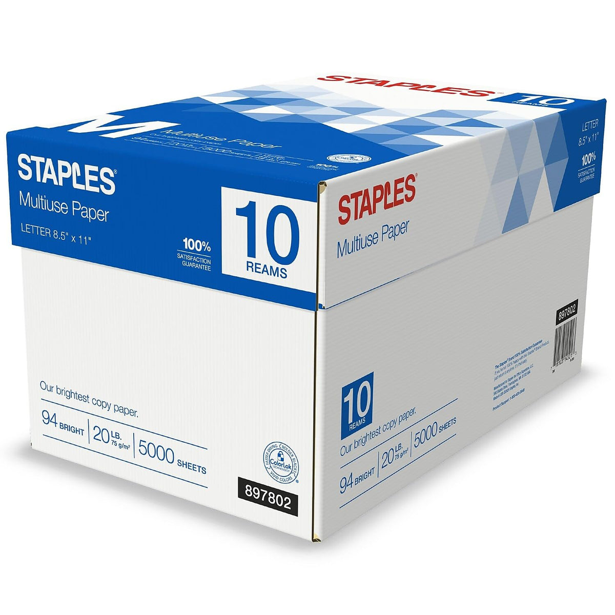 Staples Multiuse Copy Paper, 20 Lb, 94 Bright, 8 1/2" x 11", White, 3-Ream Case, For Office, School & Home