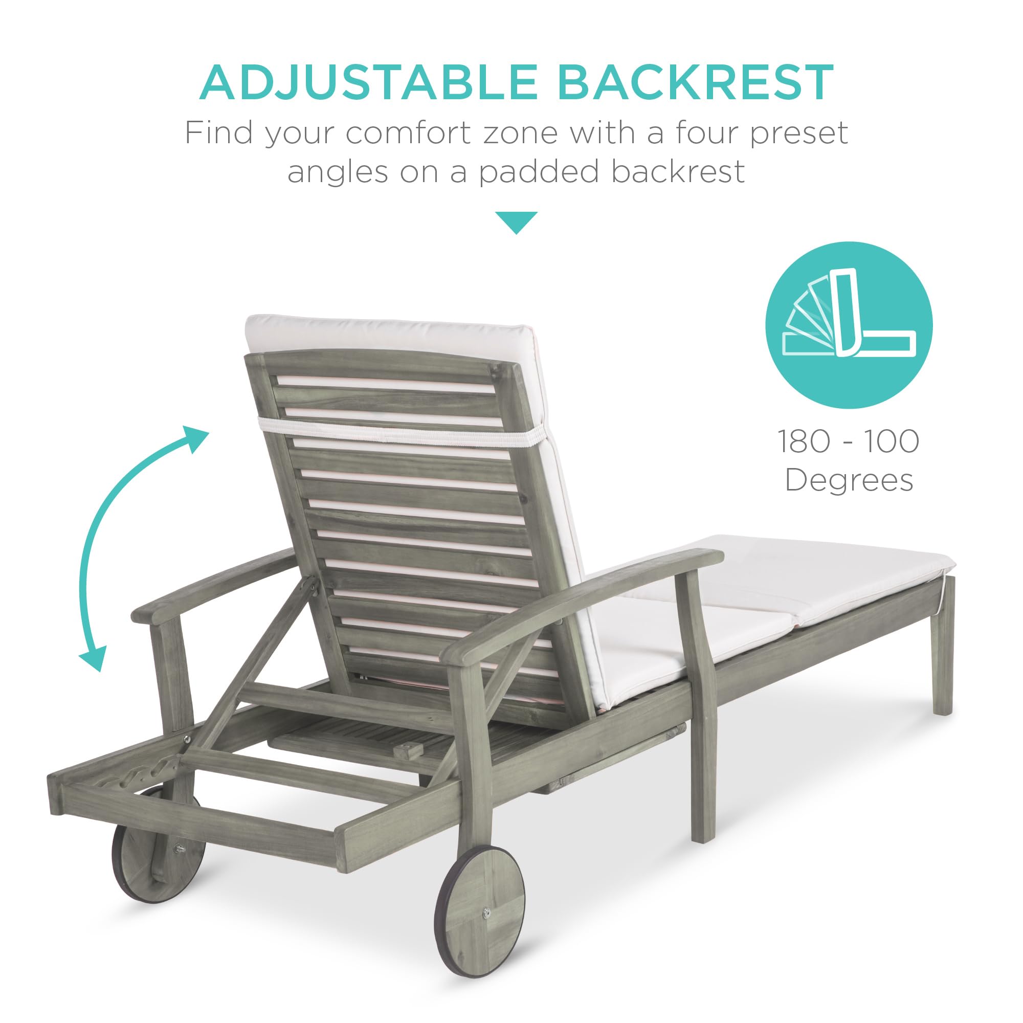 Best Choice Products 79x26in Acacia Wood Chaise Lounge Chair Recliner, Outdoor Furniture for Patio, Poolside w/Slide-Out Side Table, Foam-Padded Cushion, Adjustable Backrest, Wheels - Gray/Cream