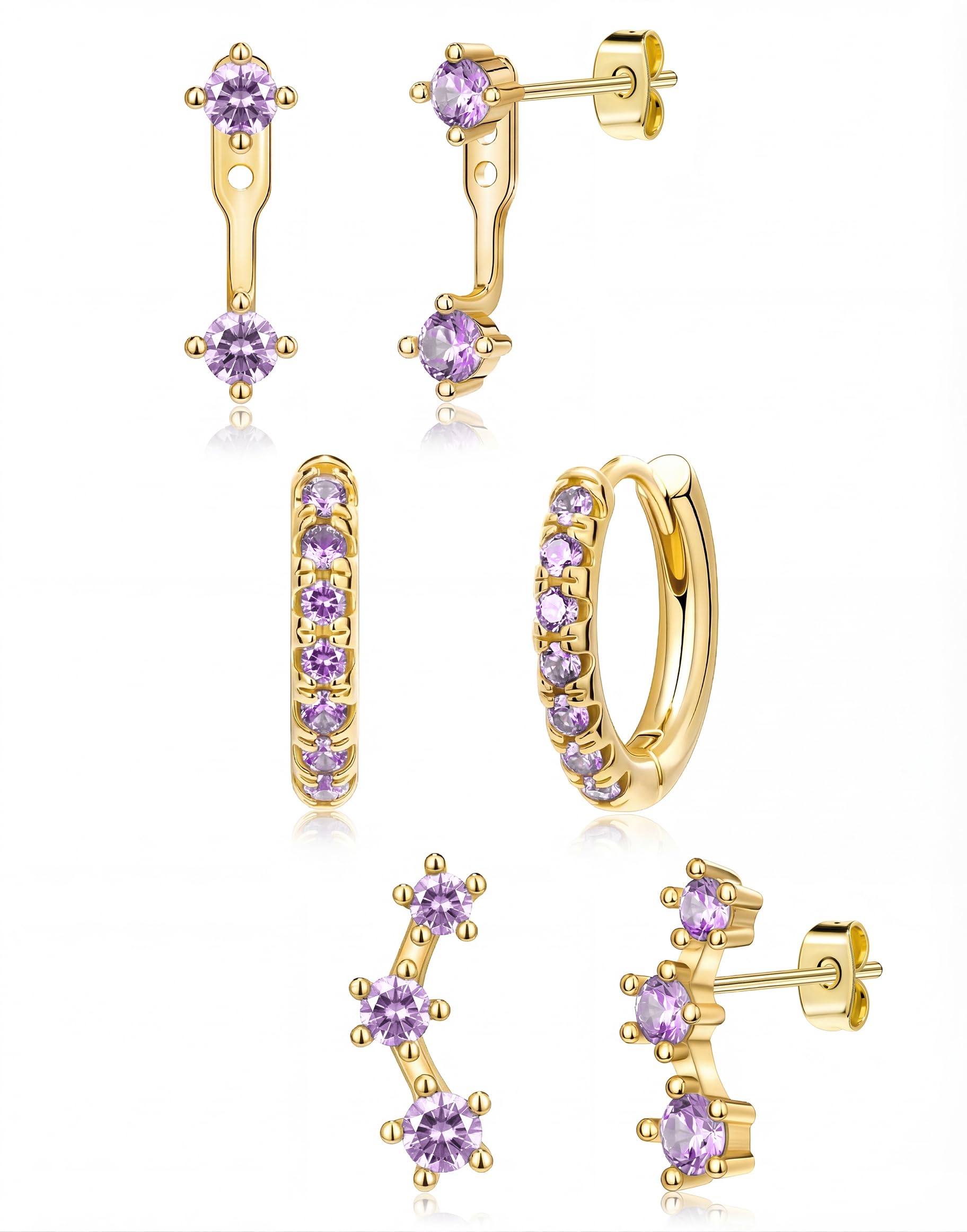 3 Pairs Dainty Small Earrings Set for Women Trendy, Birthstone Stud Huggie Hoop Jacket Stack for Cartilage Helix, Gold Plated Hypoallergenic Cute Women Fashion Accessories Western Jewelry Gifts
