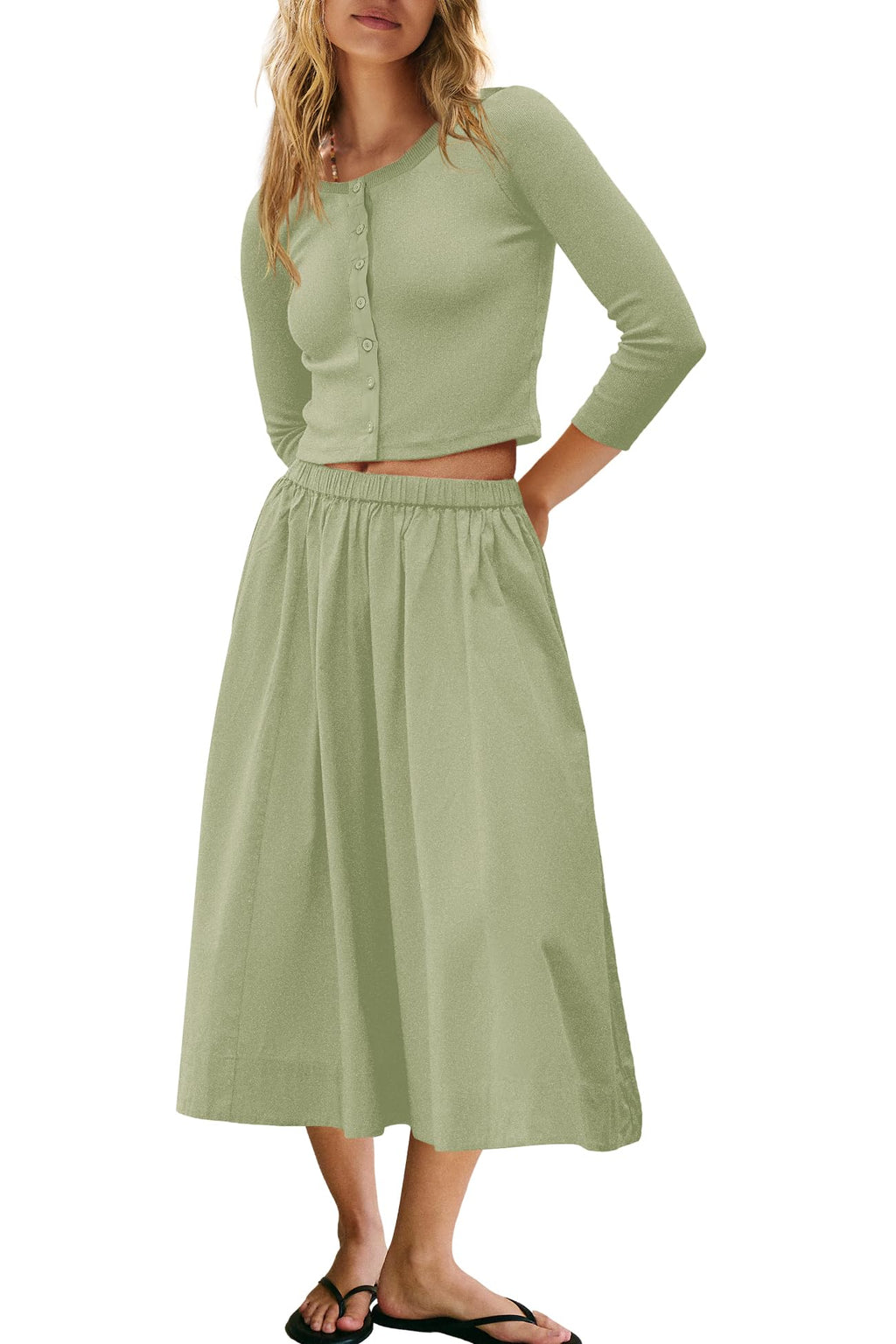 Panadila Womens 2 Piece Lounge Sets Matching Vacation Outfits Ribbed Button Down Cardigan and Elastic Waist Skirt Sets