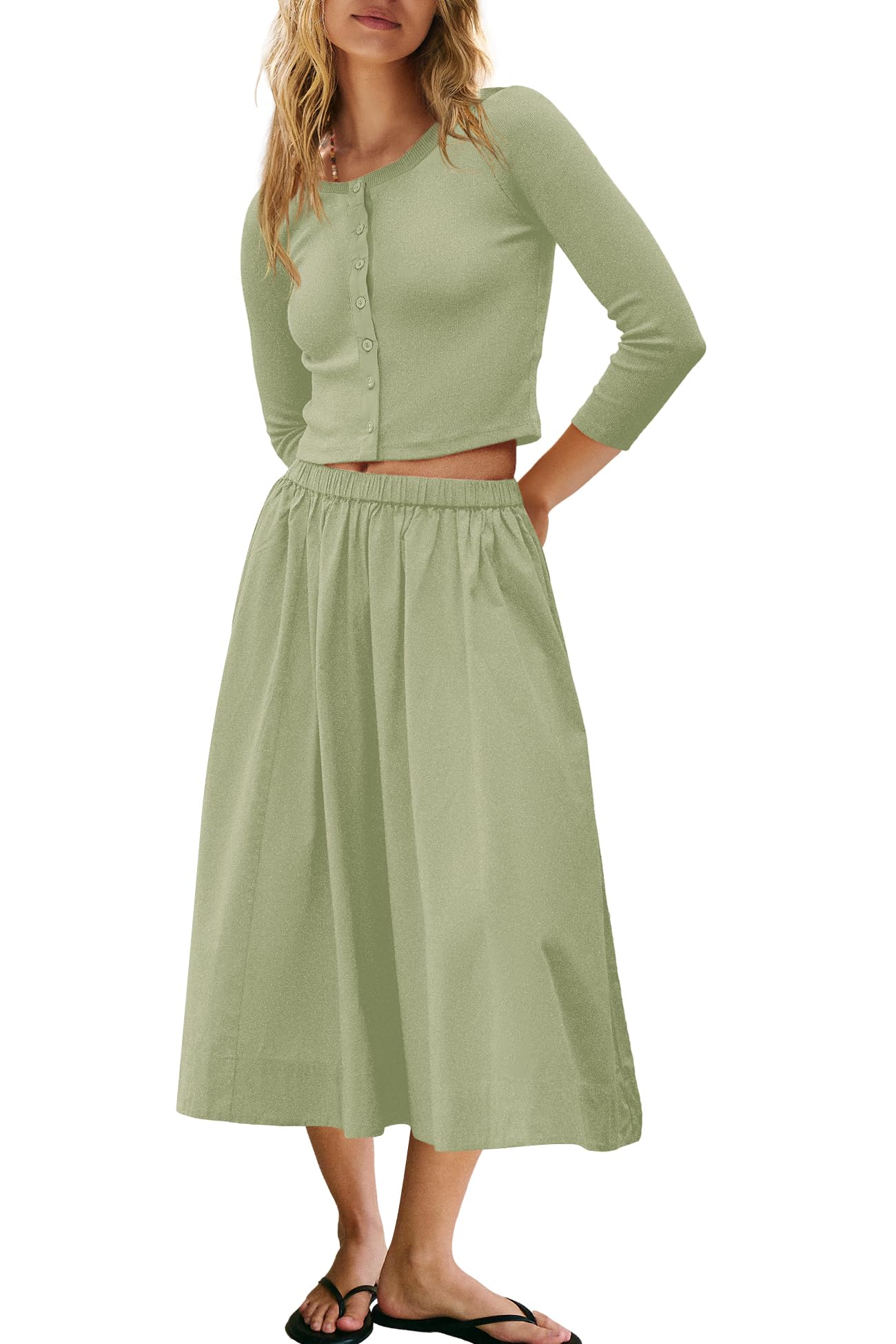 Panadila Womens 2 Piece Lounge Sets Matching Vacation Outfits Ribbed Button Down Cardigan and Elastic Waist Skirt Sets