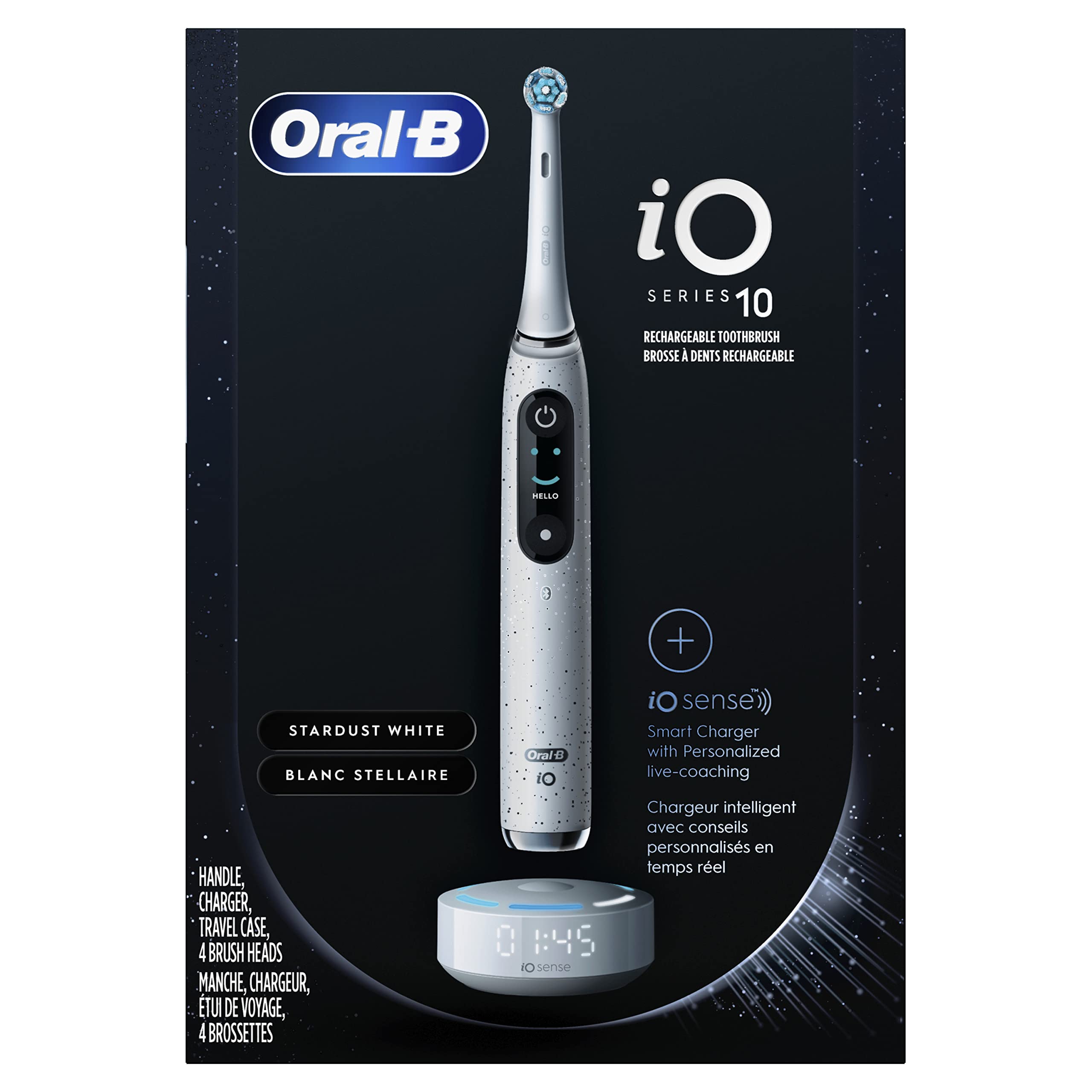 Oral-B Rechargeable Electric Toothbrush, iO10 Ultimate Clean, 7 Cleaning Modes, Interactive Display, iSense Charger, Charging Travel Case, 4 Brush Heads, Rechargeable Toothbrush, Black