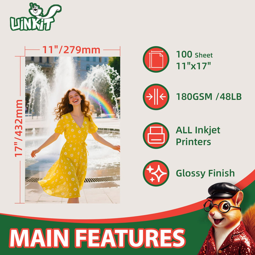 Uinkit Premium Glossy Inkjet Photo Paper - 4x6 Inch, 48lb 180gsm, 100 Sheets - Professional Photographic Quality, Dye Ink Compatible, High-Gloss Finish for Vivid Memories & Instant Prints