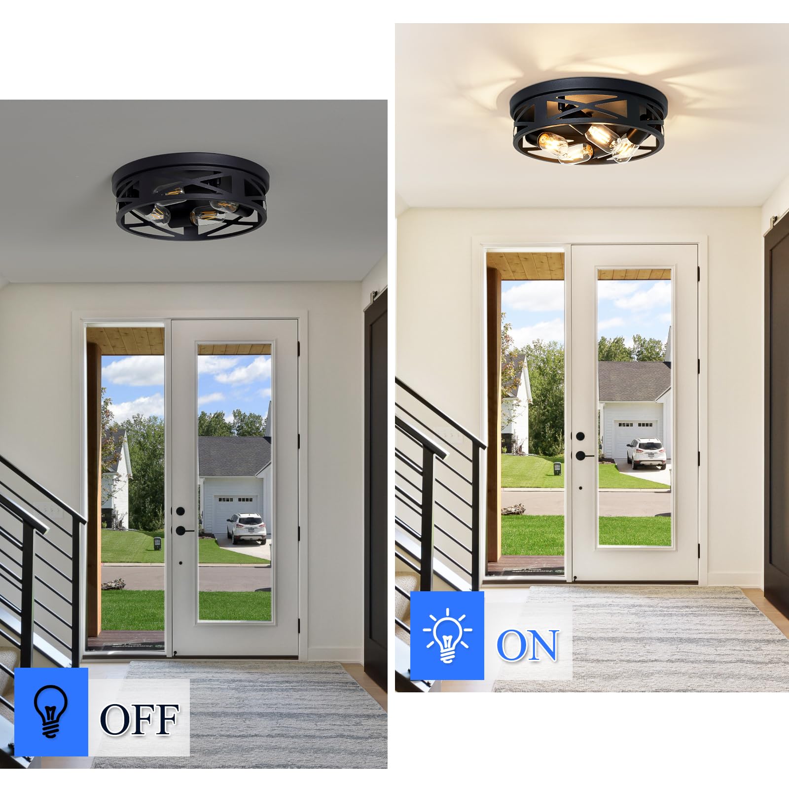 SKEJAO Flush Mount Ceiling Light Fixture,Black 2-Light Hallway Light Fixtures Ceiling,Light Fixtures Ceiling Mount for Farmhouse,Kitchen,Hall,Bedroom,Bathroom (2 Pack)