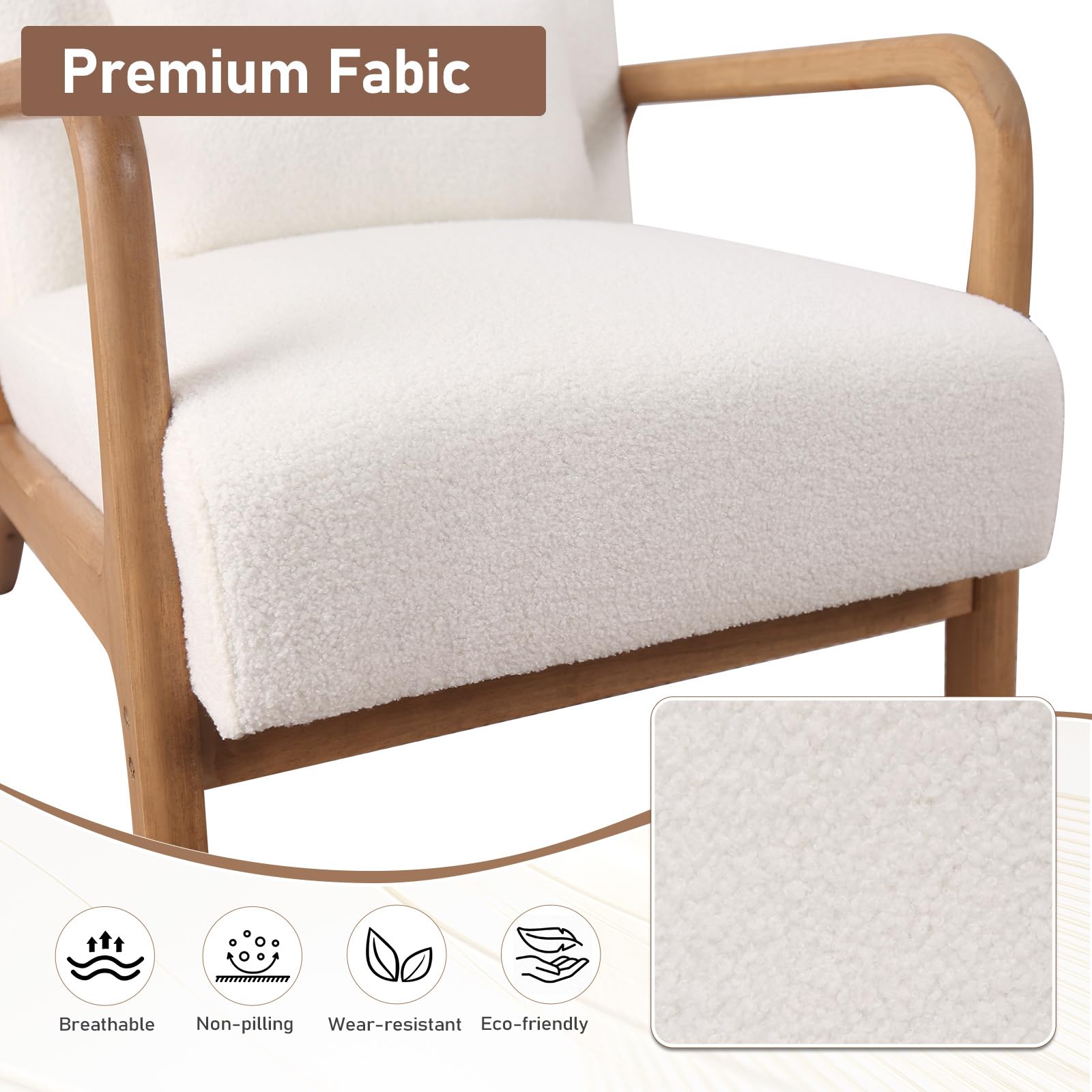 ANJ Mid Century Modern Accent Chair, Comfy Fabric Living Room Chairs with Solid Wood Frame, Lounge Reading Armchair, Easy Assembly, Beige
