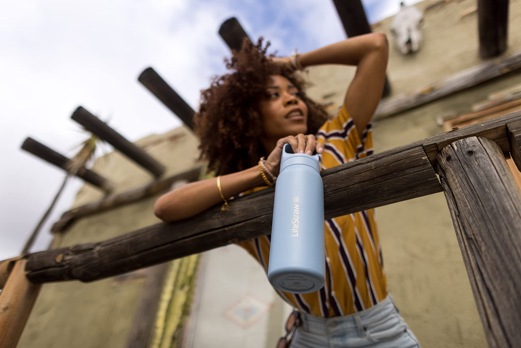 LifeStraw Go Series — Water Bottle Stainless Steel Bottle, 18oz, Aegan Sea, Removes Bacteria, Parasites, Microplastics, Improves Taste