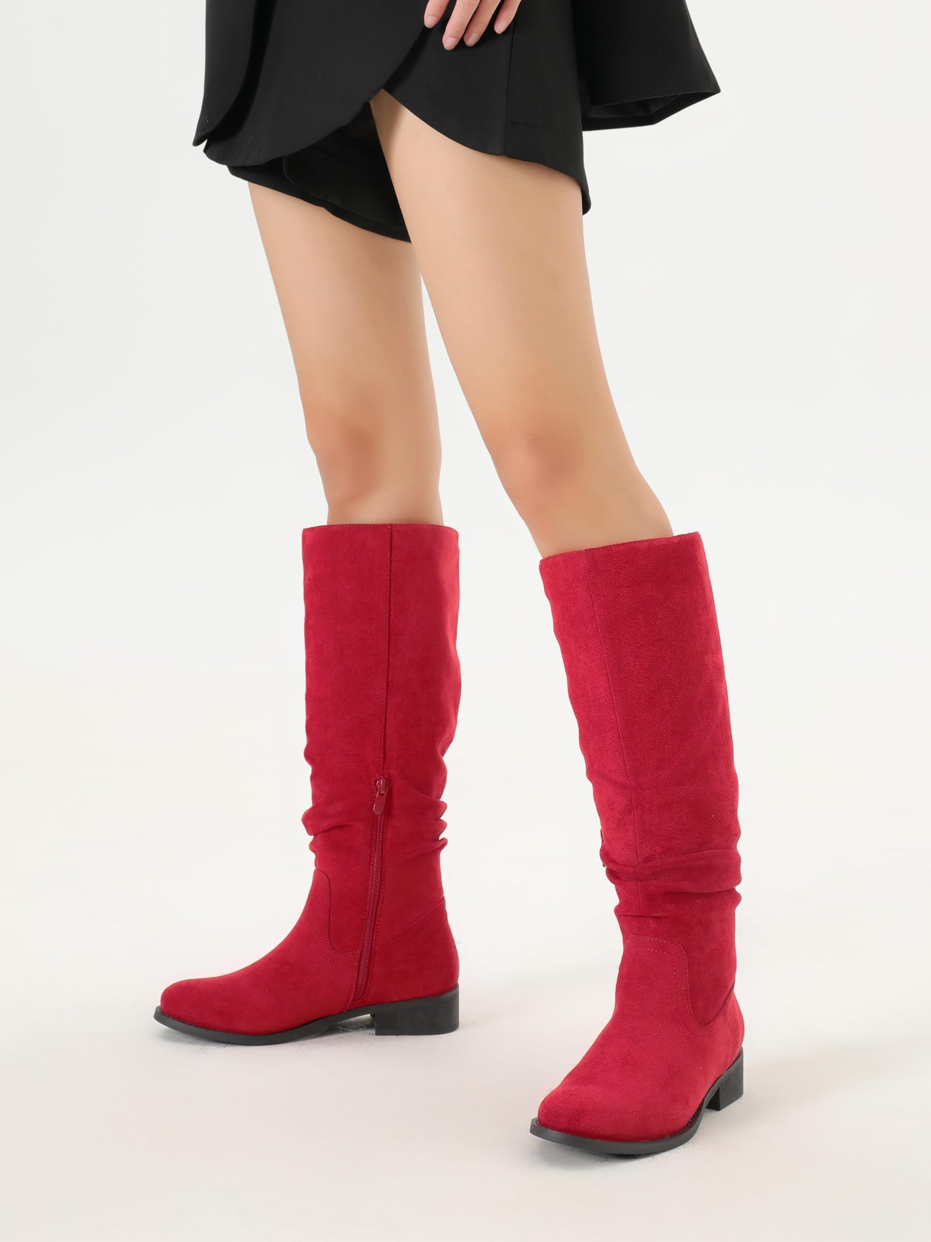Shoe'N Tale Women's Knee High Boots Flat Low Heel Slouch Pointed Toe Winter Shoes with Side Zipper