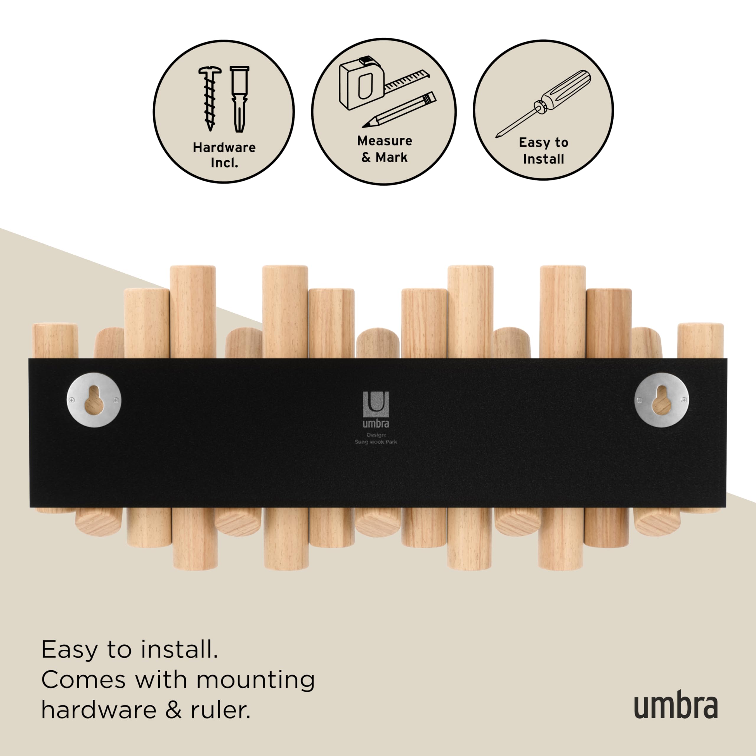 Umbra Picket Wall-Mounted Coat Rack Rail Hook with 5 Retractable Wood Pegs – Modern, Space-Saving Storage Organizer, Black