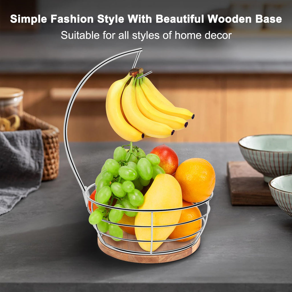 Livabber Countertop Fruit Basket Bowl with Banana Hanger, Modern Standing Fruit Vegetable Bowl Storage, with Banana Tree Holder for Kitchen Dinning Table (Round Marble, Black)