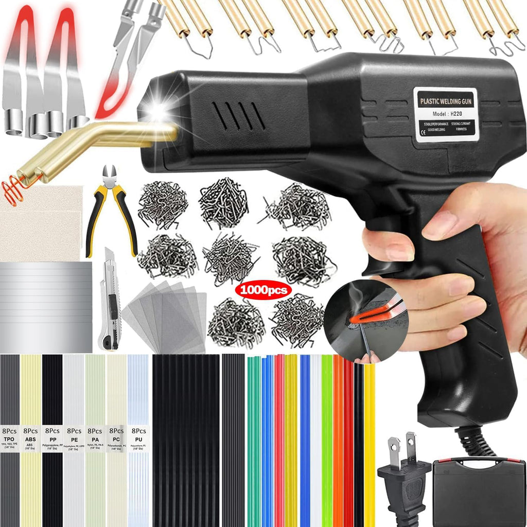 Upgraded 220W Plastic Welder, 2 in 1 Plastic Welding Repair Welder Kit 1000PCS Hot Stapler Soldering Gun with 100PCS Plastics Welding Rods Car Bumper Repair Kit for Most Plastics(Black)