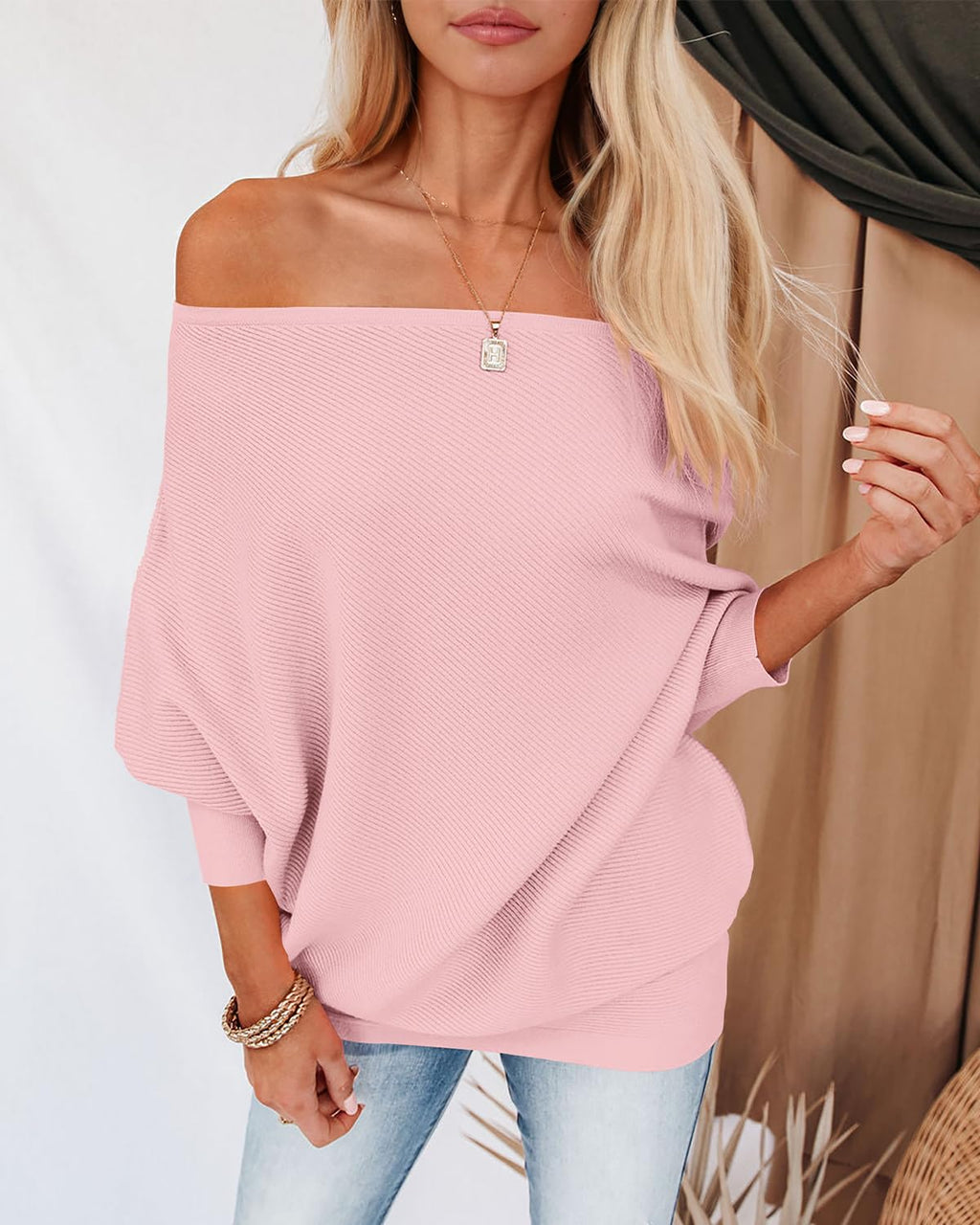 Zenlonr Women's Fall Sweaters 2026 Casual Long Batwing Sleeve Loose Off Shoulder Knit Pullovers Jumper Tops