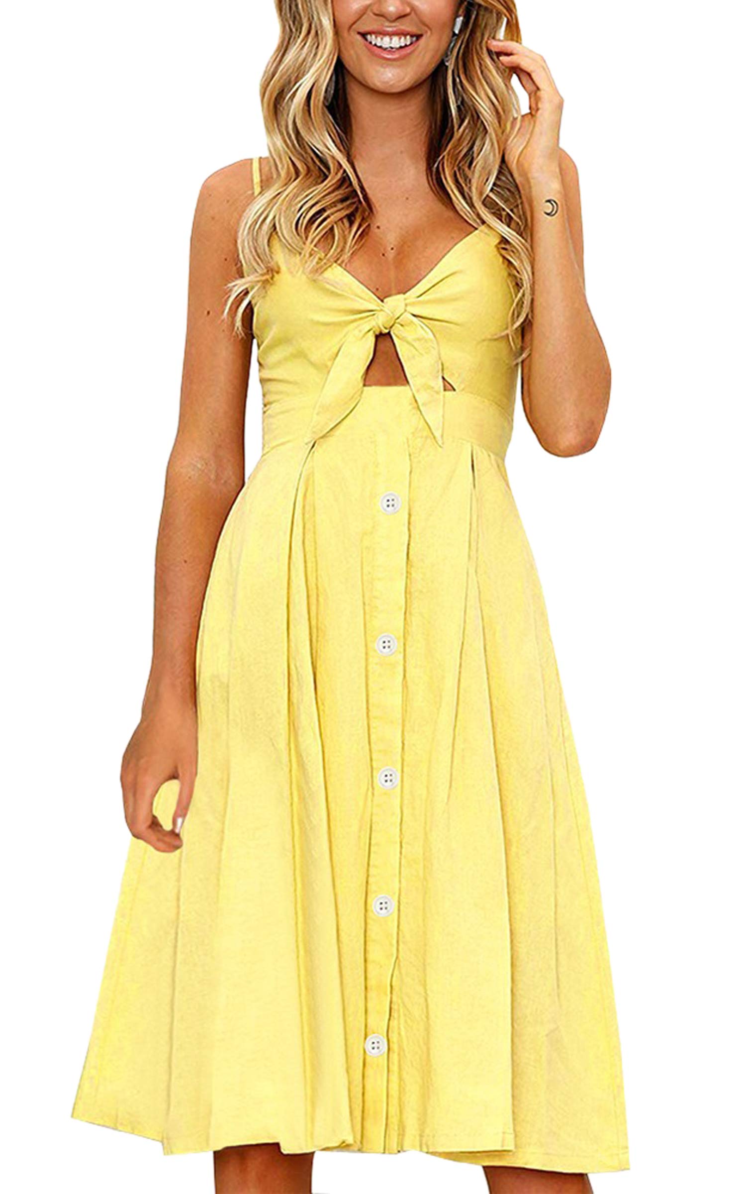 ECOWISH Women 2026 Summer Dresses Tie Front V-Neck Spaghetti Strap Button Down A-Line Backless Swing Midi Dress