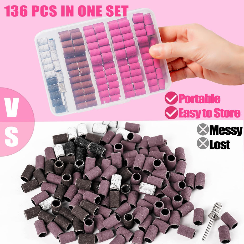 Haozher Nail Drill Bits, 135 Pcs Sanding Bands for Nail Drill, Nail Tips for Drill Bits Nail Tech, Mix 80#120#180#240# Fine Grit File Sanding Bands for Acrylic Gel Manicures Pedicure