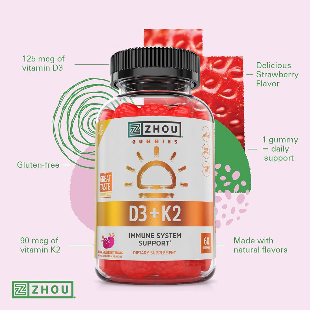 Zhou D3+K2 - Vitamin D3 K2 Supplement for Women & Men, Immune Support Vit D3 and K2 Supplements, Pure Vegetarian Formula with 5000 IU of D3 and MK-7 - 60 Veggie Capsules (Pack of 1)
