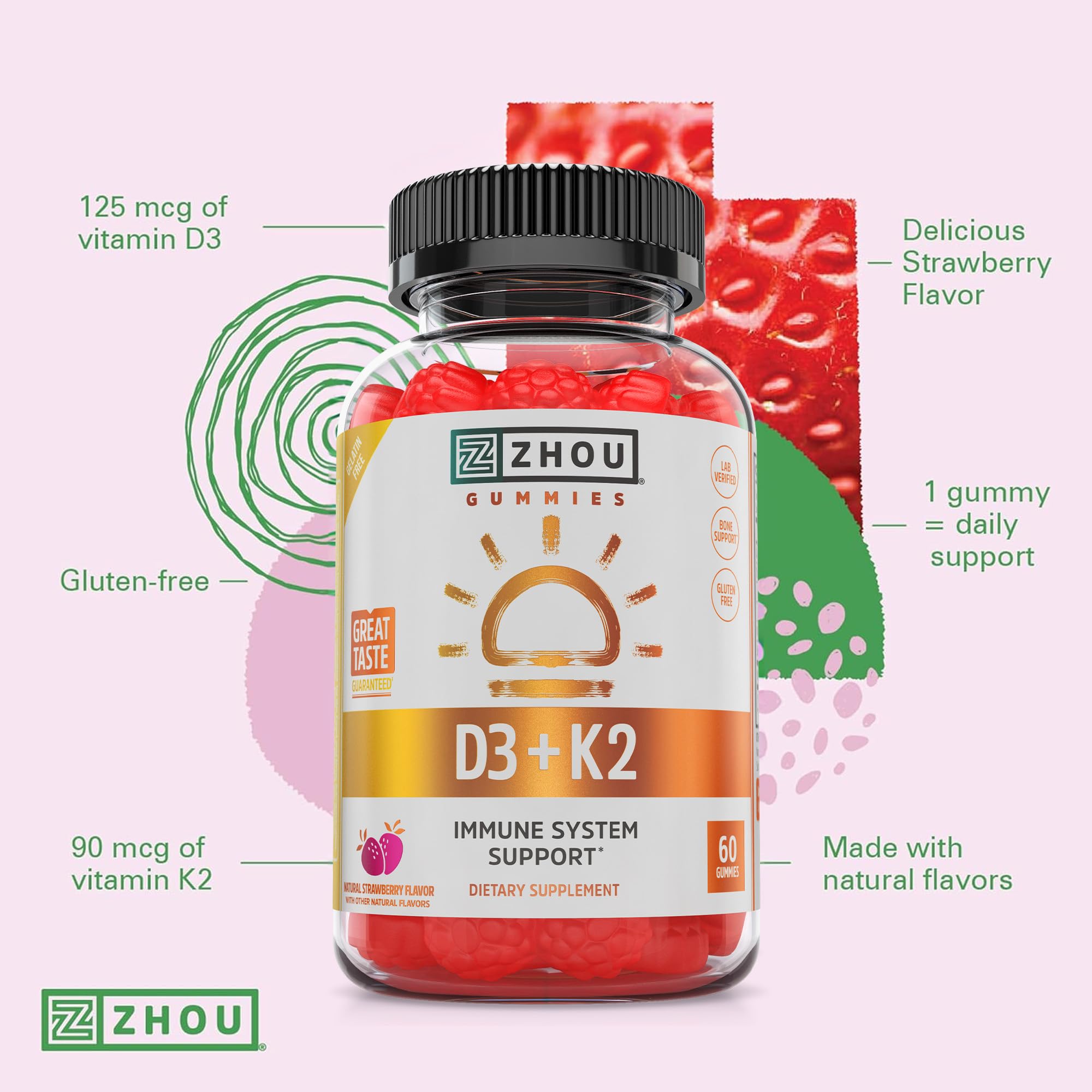 Zhou D3+K2 - Vitamin D3 K2 Supplement for Women & Men, Immune Support Vit D3 and K2 Supplements, Pure Vegetarian Formula with 5000 IU of D3 and MK-7 - 60 Veggie Capsules (Pack of 1)
