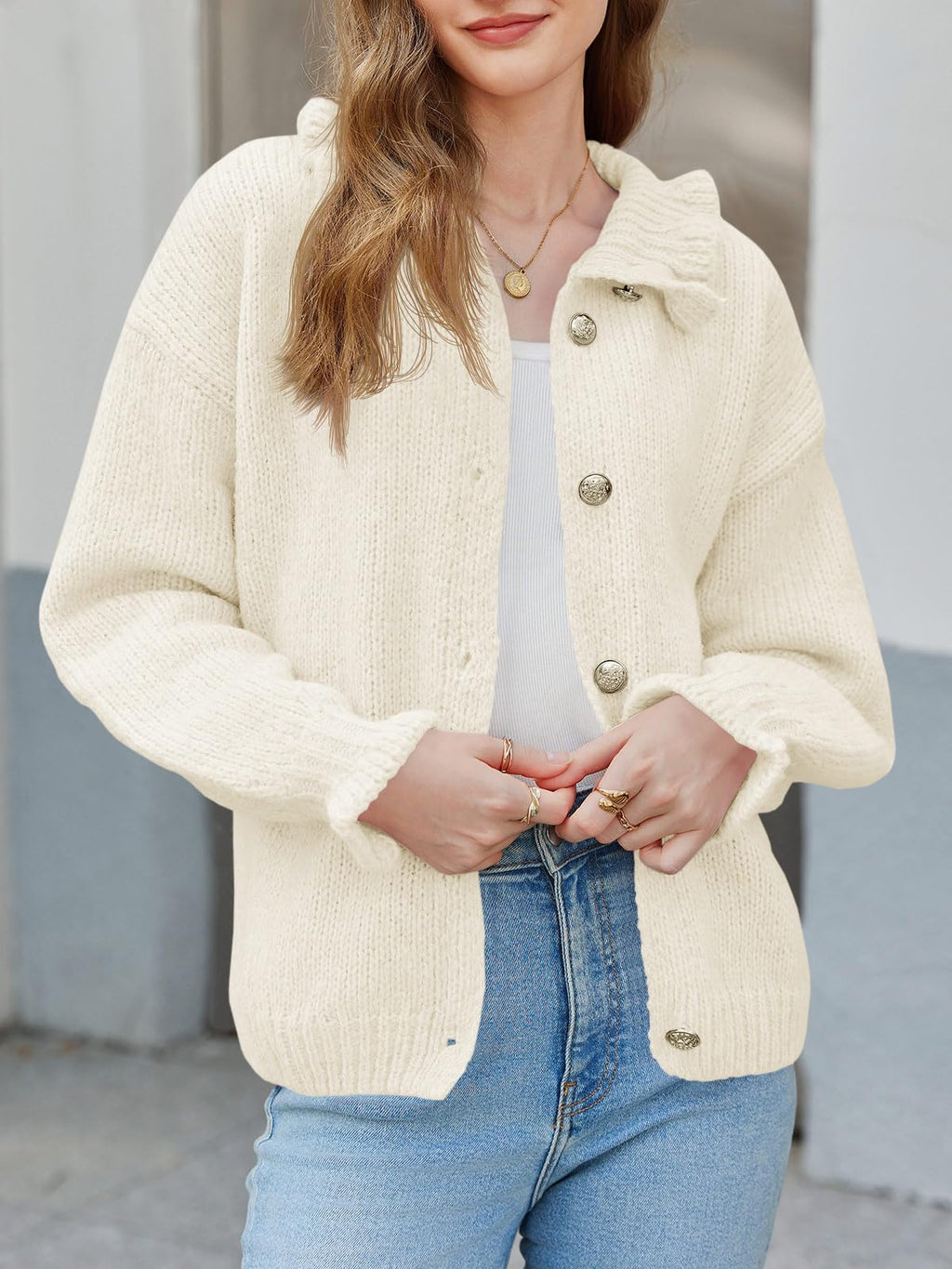 Saodimallsu Womens Ruffle Cardigan Oversized Button Up Fall Trendy Ribbed Knit Open Front Long Sleeve Loose Cute Sweater