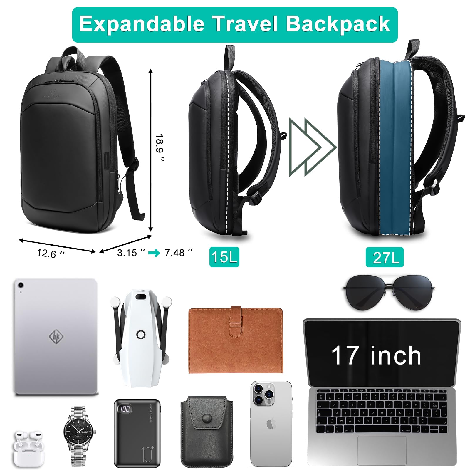 hk Business Backpack for Men 15.6 Inch,Slim & Expandable Waterproof Travel Laptop Backpack, Anti-Theft Lightweight Work Computer Bag, College Laptop Backpacks Gifts for Men Women-Black